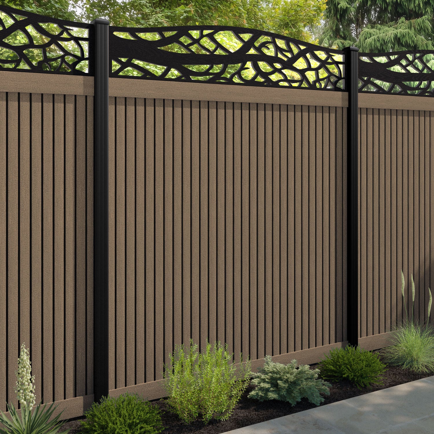 Virtis Twilight Curved Top Fence Panel - Teak - with our composite posts