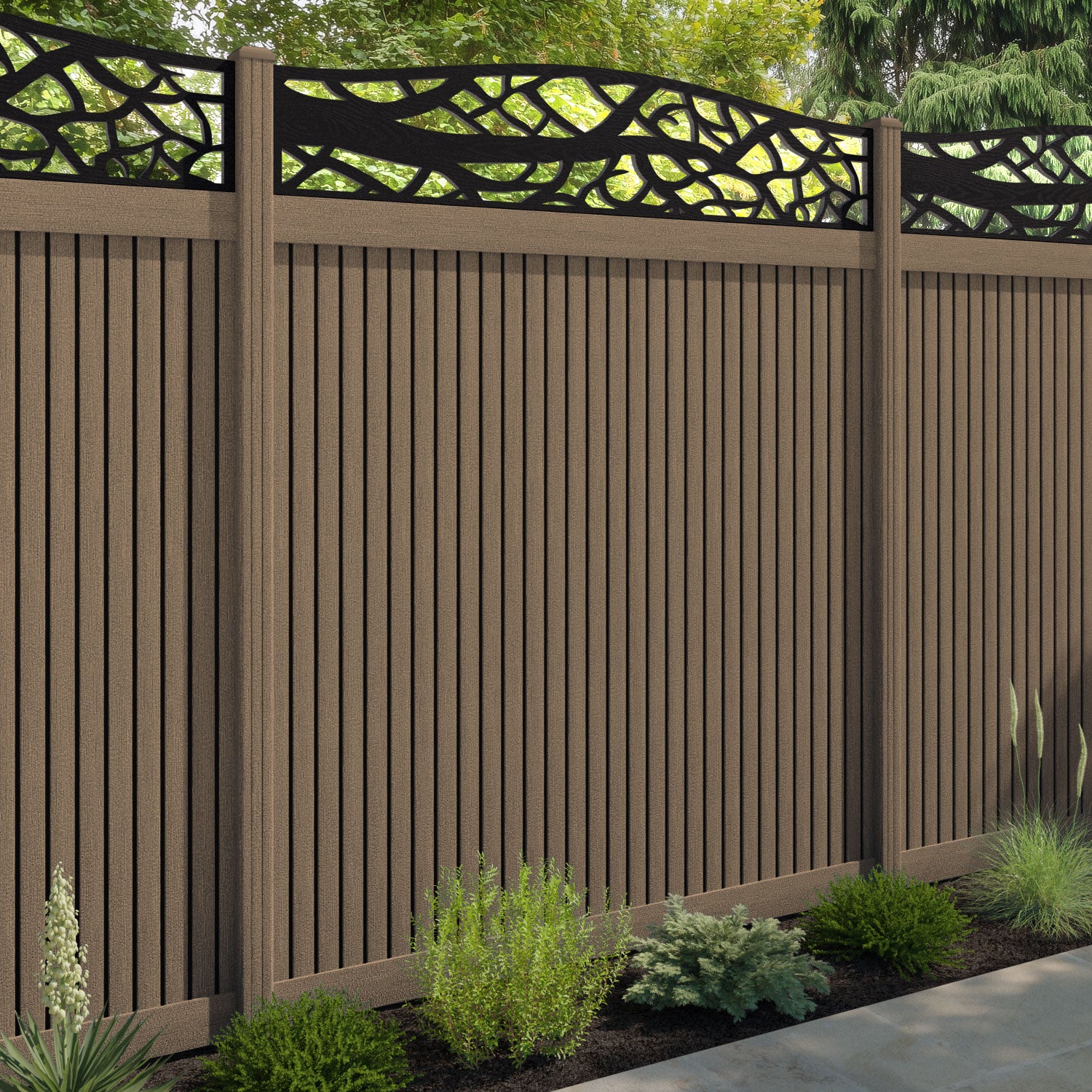 Virtis Twilight Curved Top Fence Panel - Teak - with our composite posts