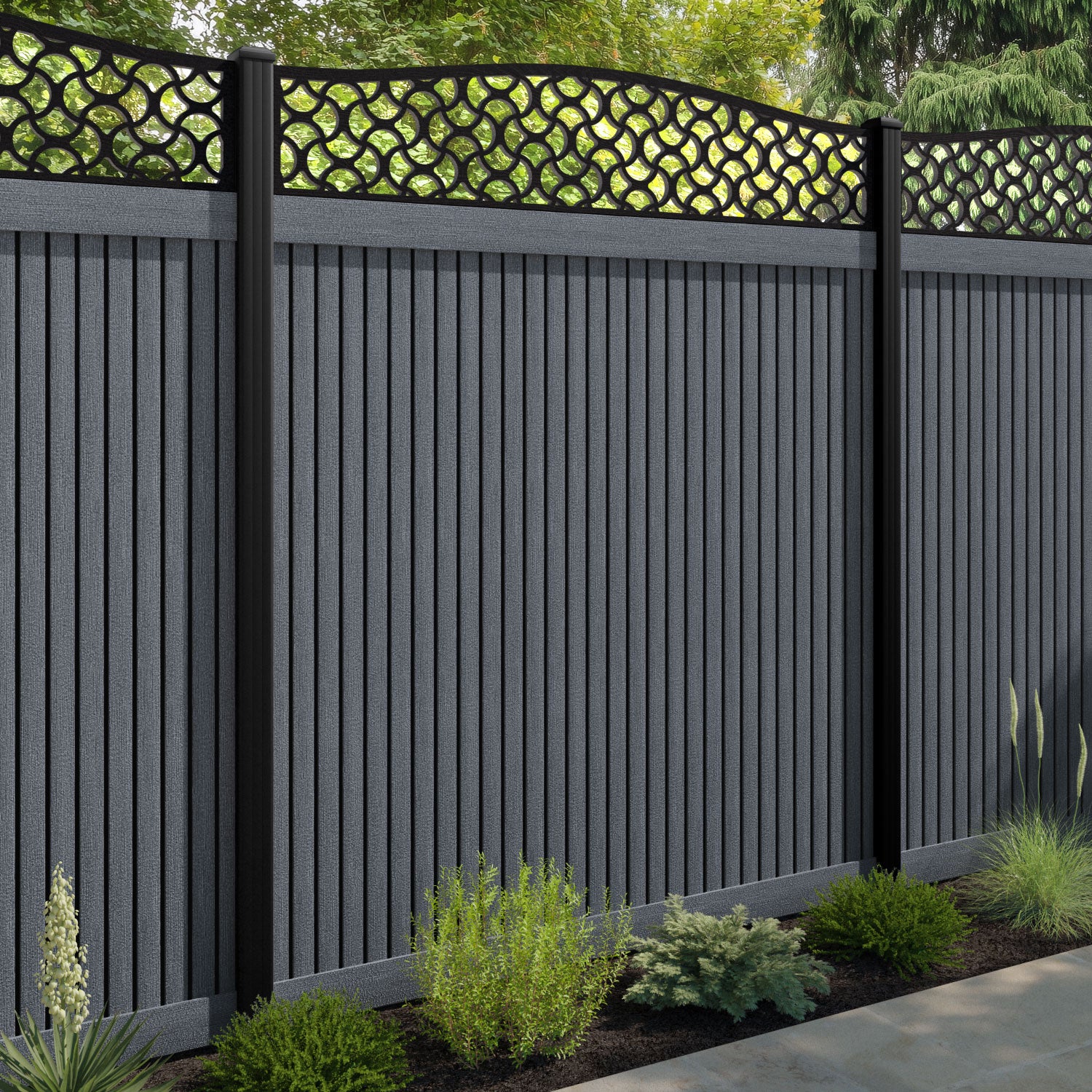 Virtis Vida Curved Top Fence Panel - Anthracite - with our composite posts