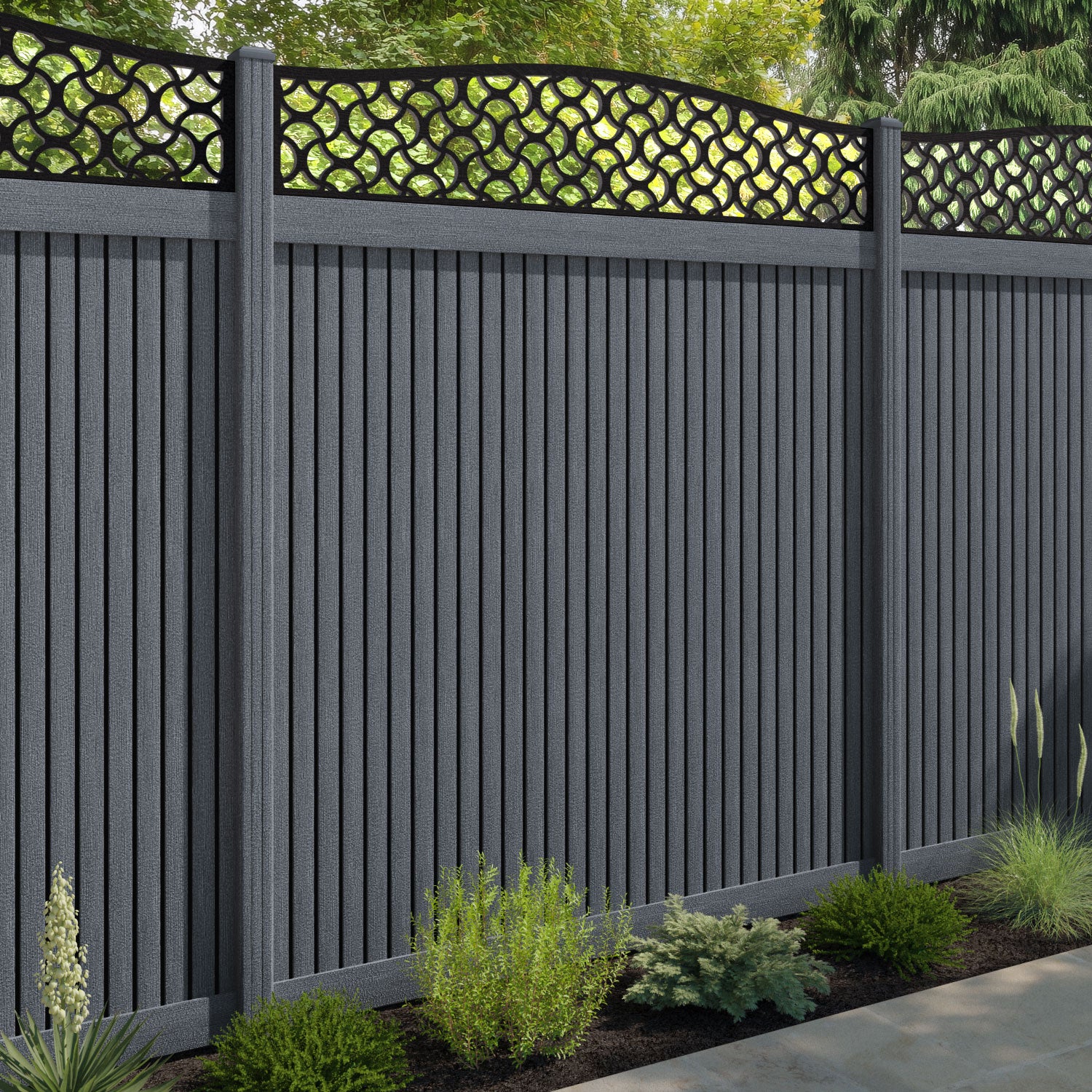 Virtis Vida Curved Top Fence Panel - Anthracite - with our composite posts