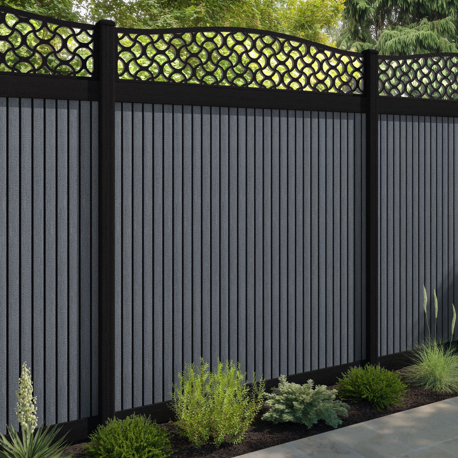 Virtis Vida Curved Top Fence Panel - Anthracite - with our aluminium posts