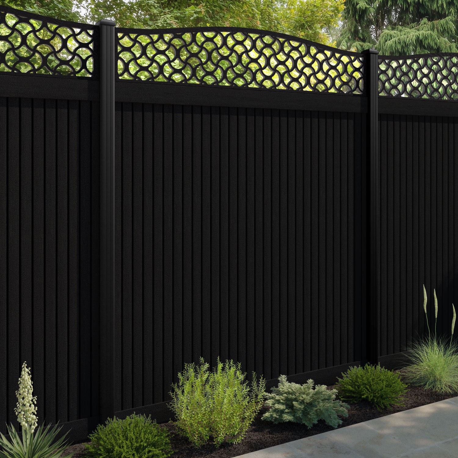 Virtis Vida Curved Top Fence Panel - Black - with our aluminium posts