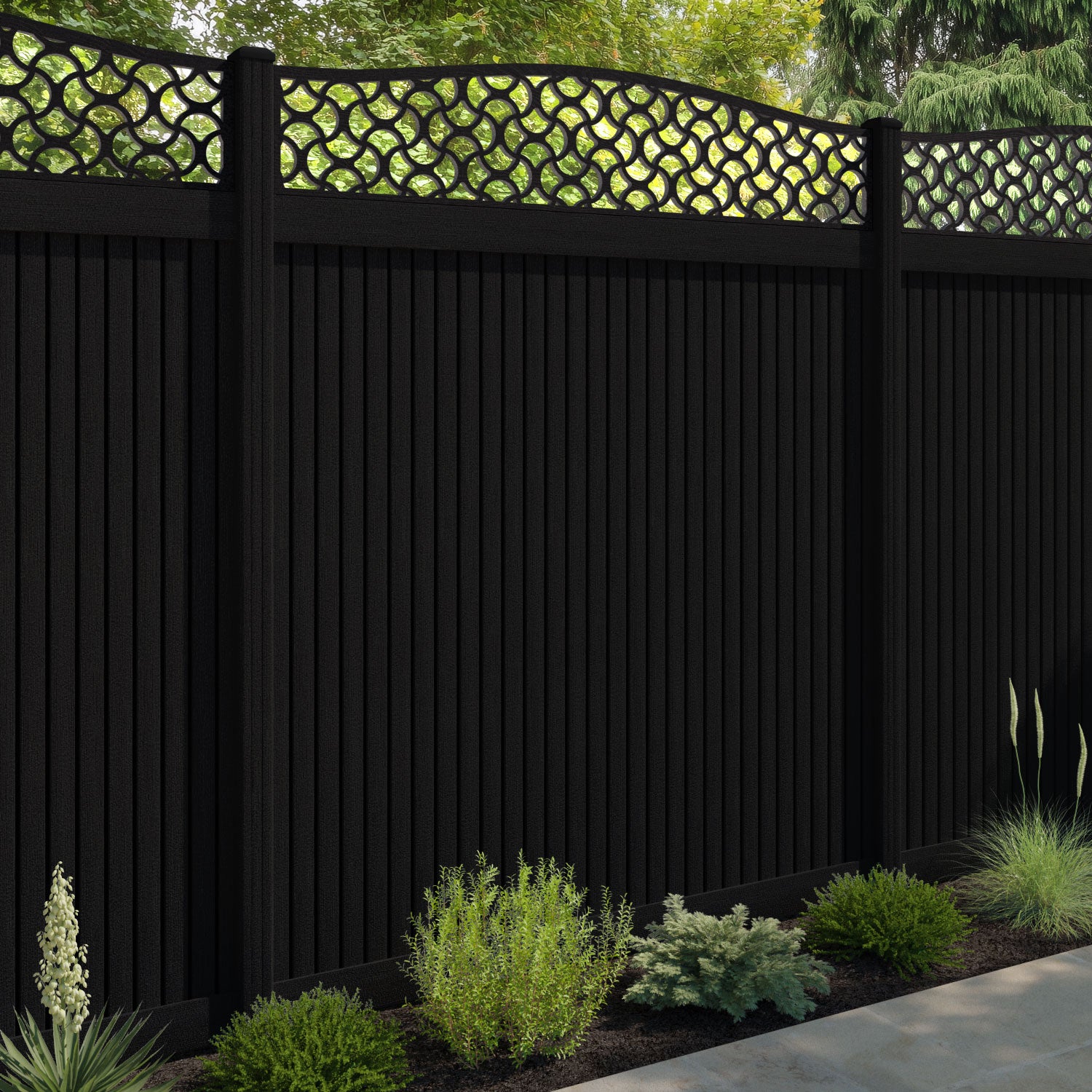 Virtis Vida Curved Top Fence Panel - Black - with our composite posts