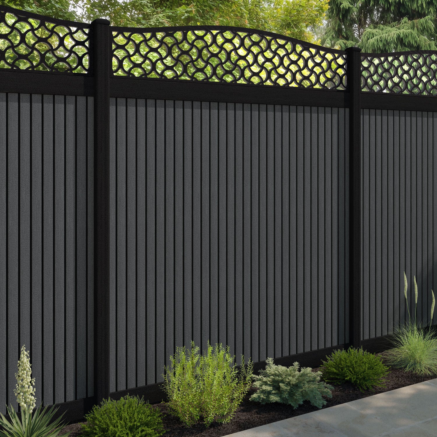 Virtis Vida Curved Top Fence Panel - Dark Grey - with our composite posts