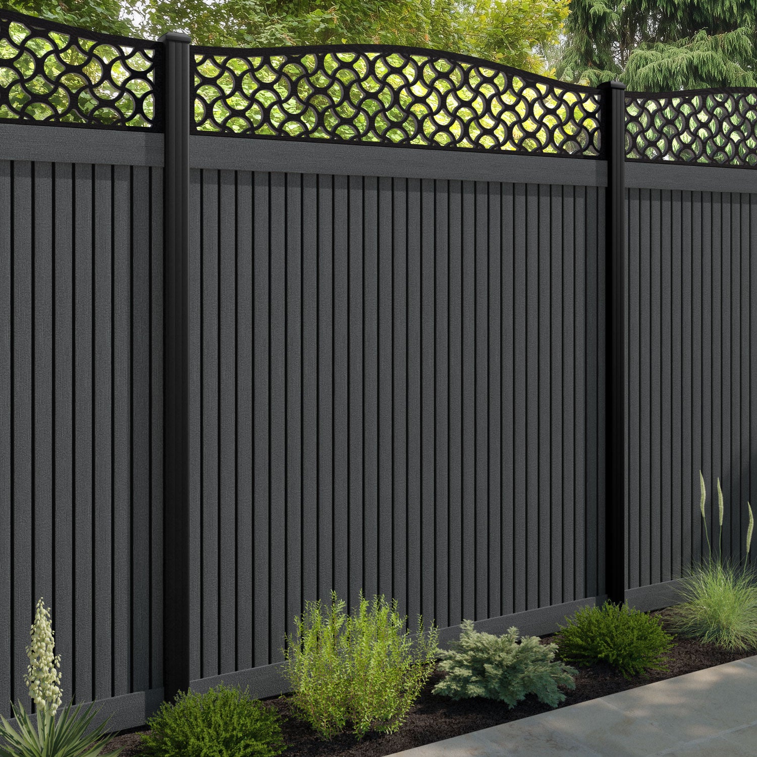 Virtis Vida Curved Top Fence Panel - Dark Grey - with our aluminium posts