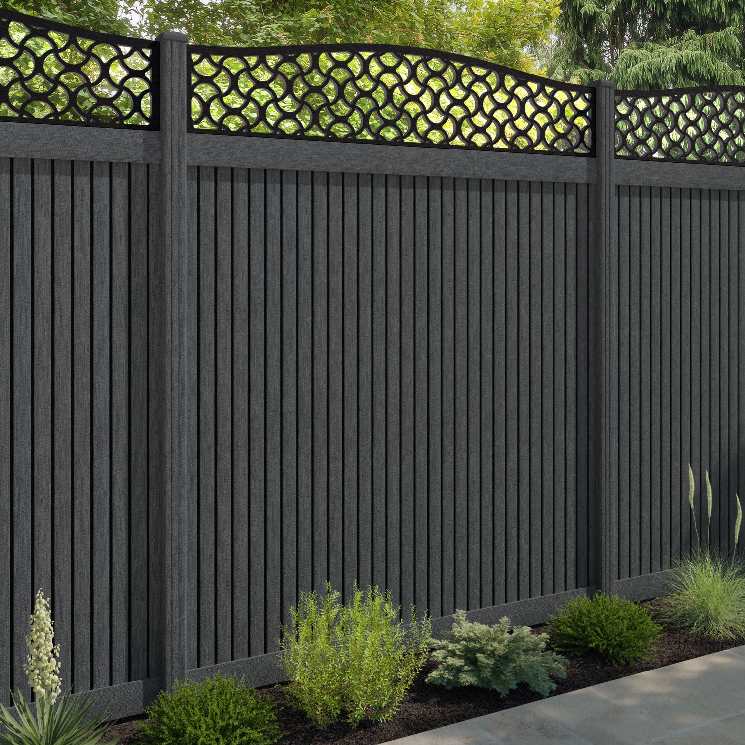 Virtis Vida Curved Top Fence Panel - Dark Grey - with our composite posts