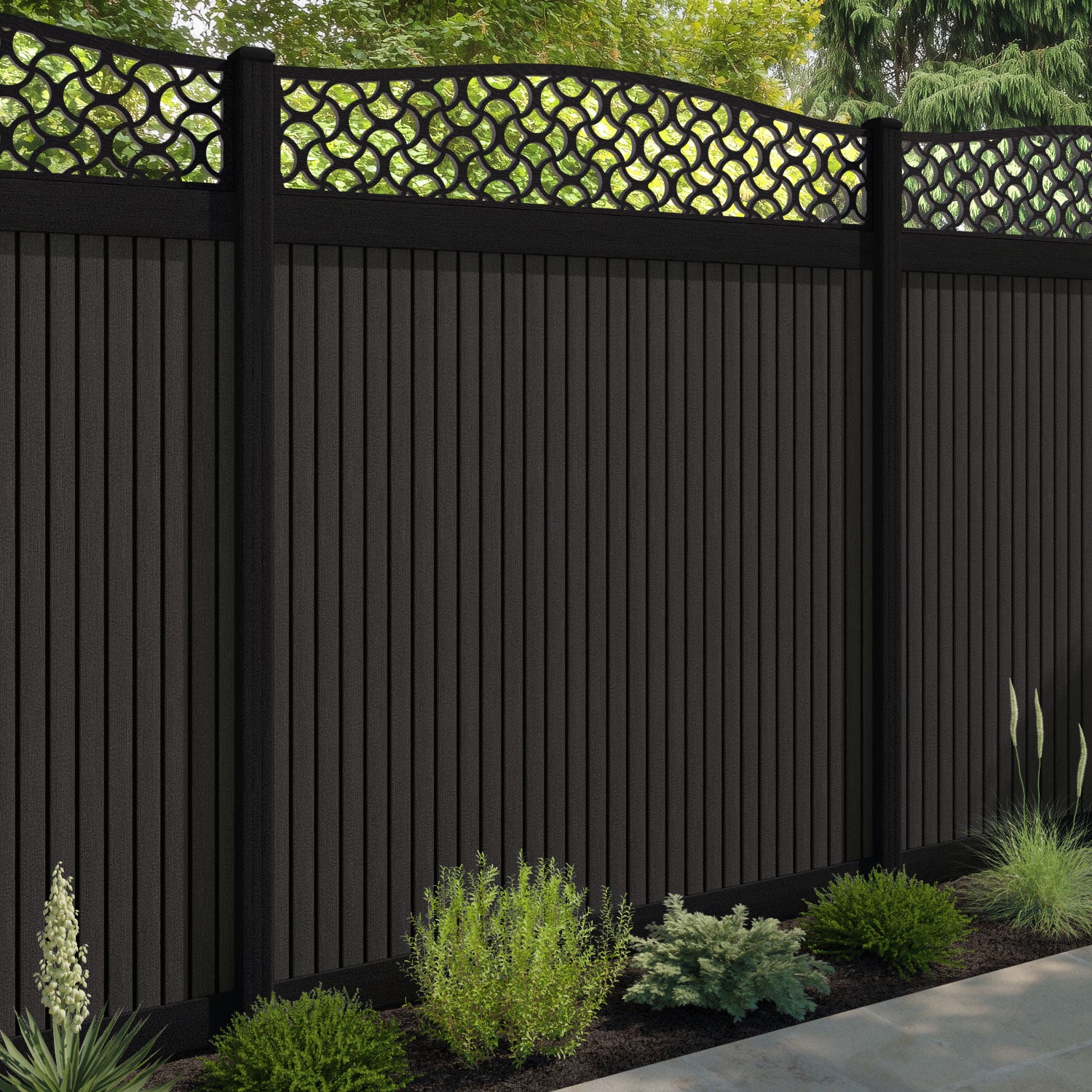 Virtis Vida Curved Top Fence Panel - Dark Oak - with our aluminium posts