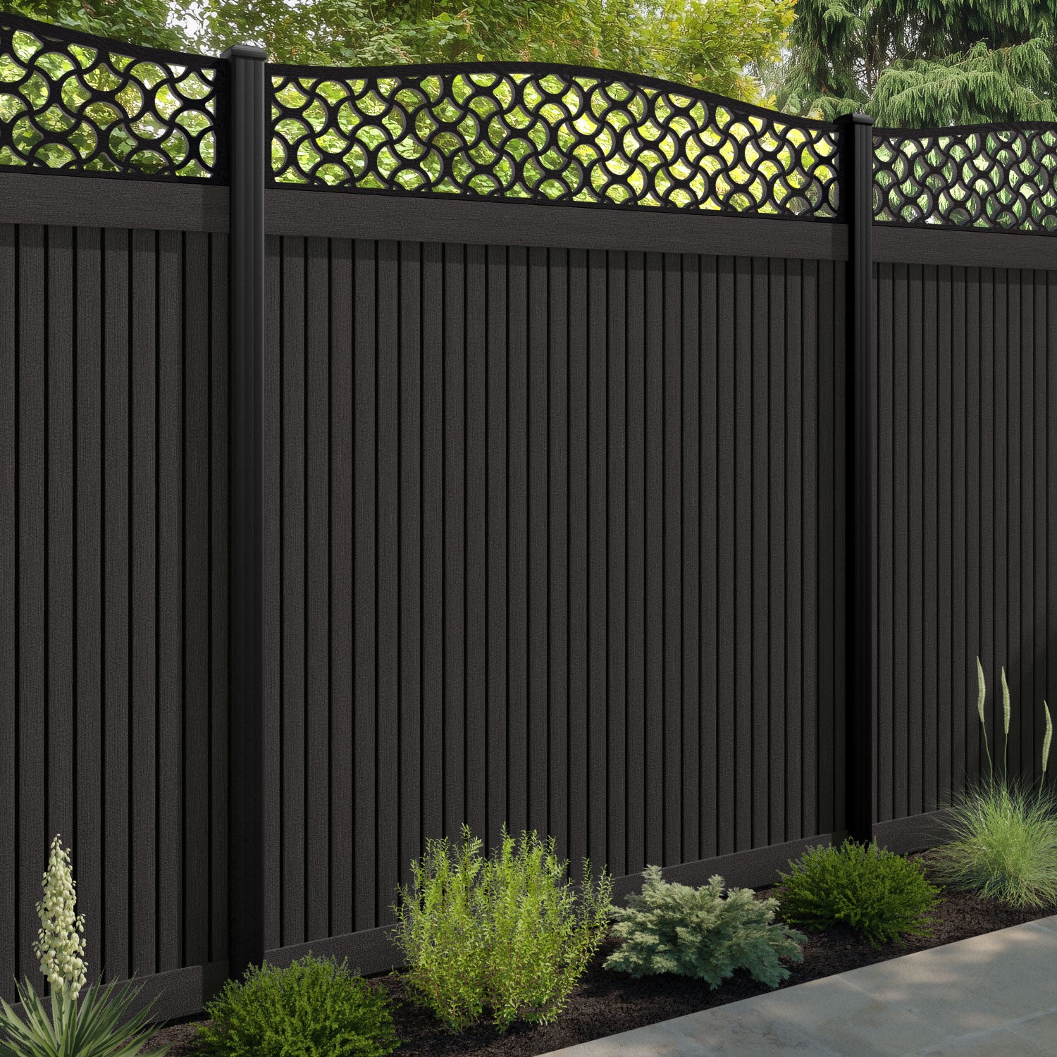 Virtis Vida Curved Top Fence Panel - Dark Oak - with our aluminium posts