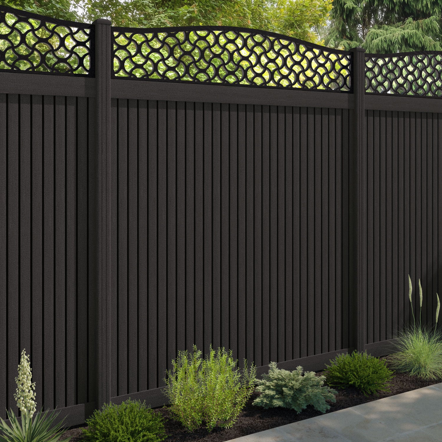Virtis Vida Curved Top Fence Panel - Dark Oak - with our composite posts