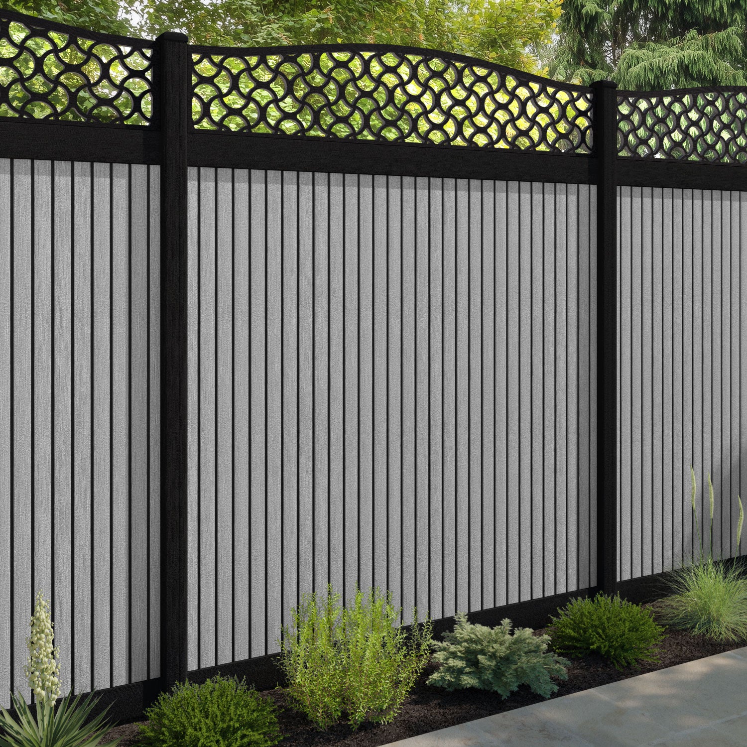 Virtis Vida Curved Top Fence Panel - Light Grey - with our aluminium posts