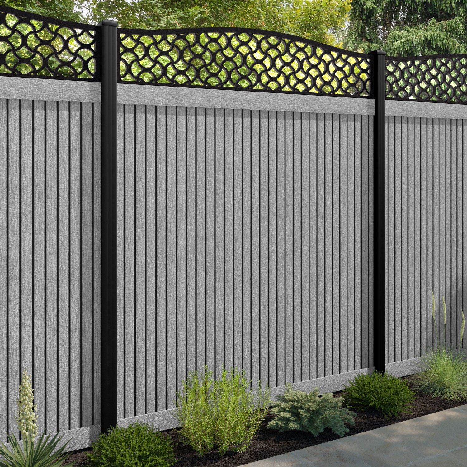 Virtis Vida Curved Top Fence Panel - Light Grey - with our aluminium posts