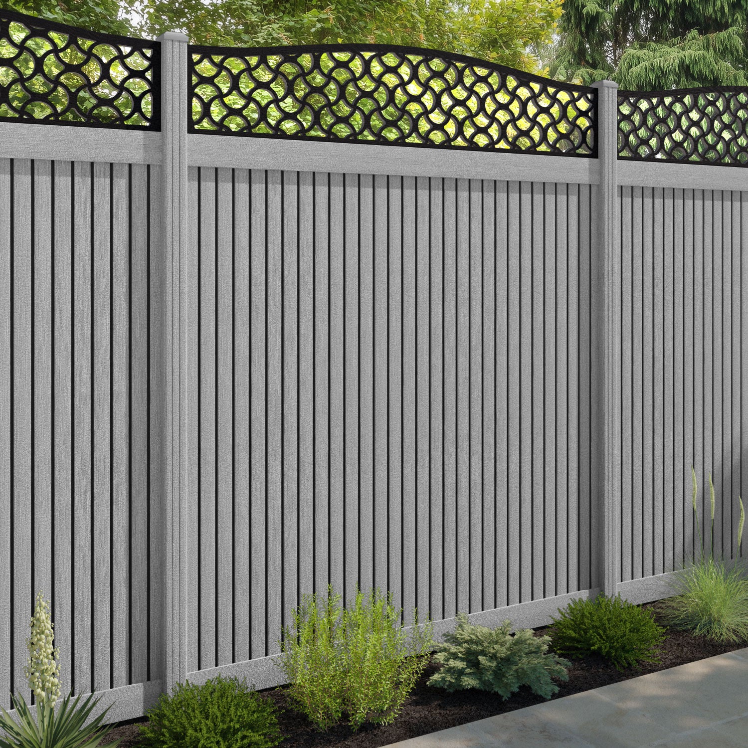 Virtis Vida Curved Top Fence Panel - Light Grey - with our composite posts