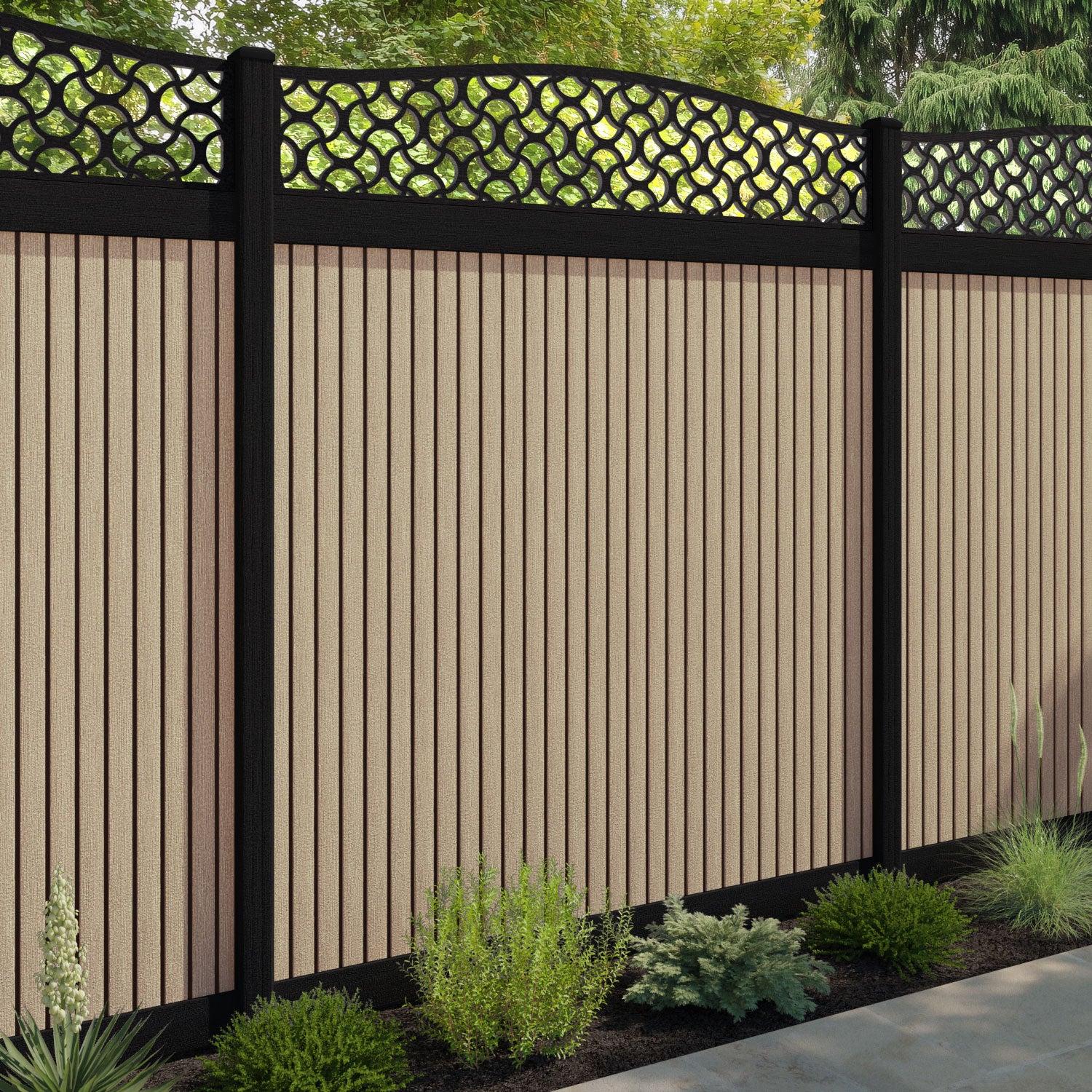 Virtis Vida Curved Top Fence Panel - Light Oak - with our aluminium posts