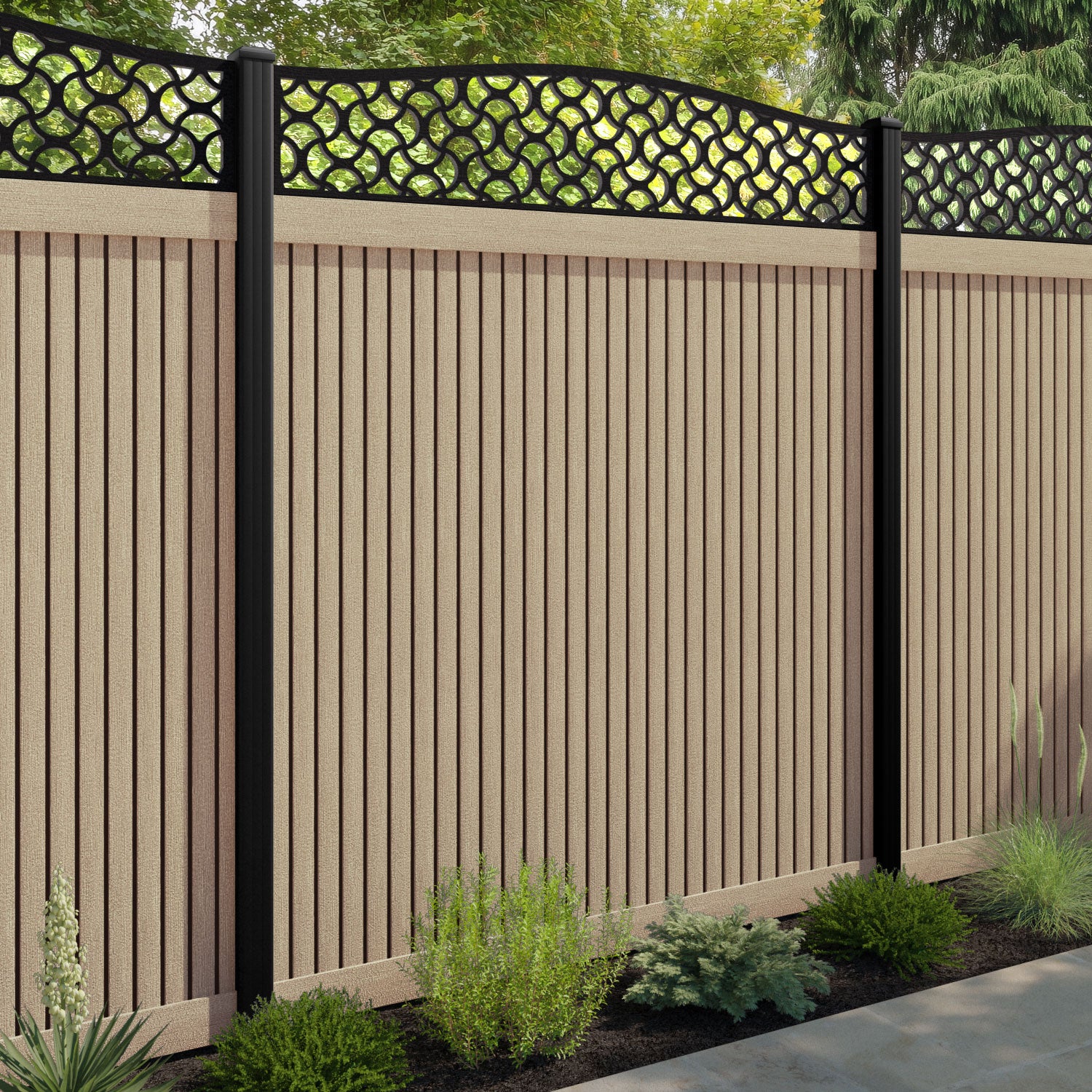 Virtis Vida Curved Top Fence Panel - Light Oak - with our aluminium posts