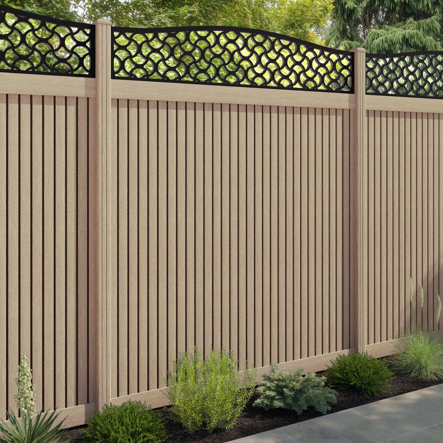 Virtis Vida Curved Top Fence Panel - Light Oak - with our composite posts