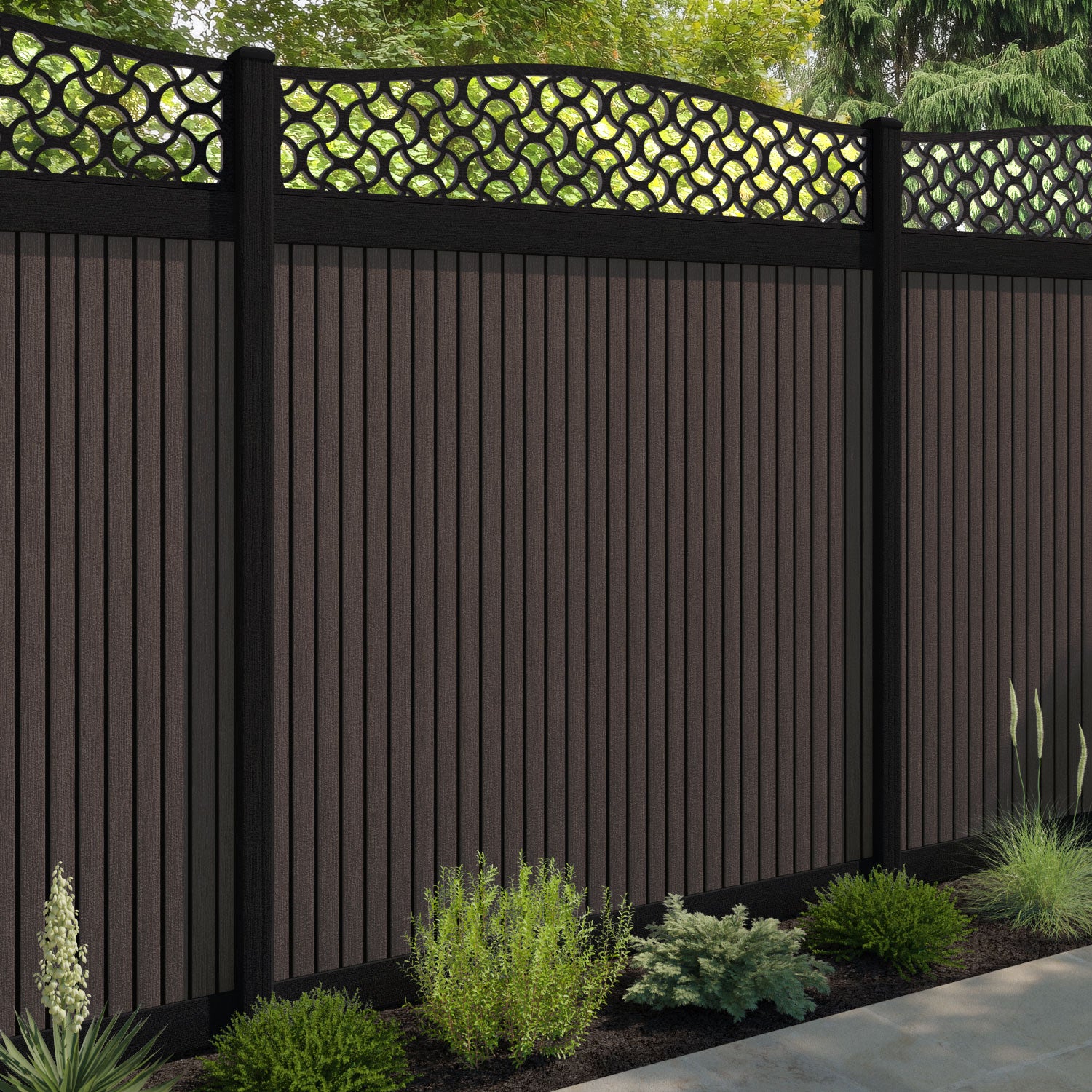 Virtis Vida Curved Top Fence Panel - Mid Brown - with our aluminium posts