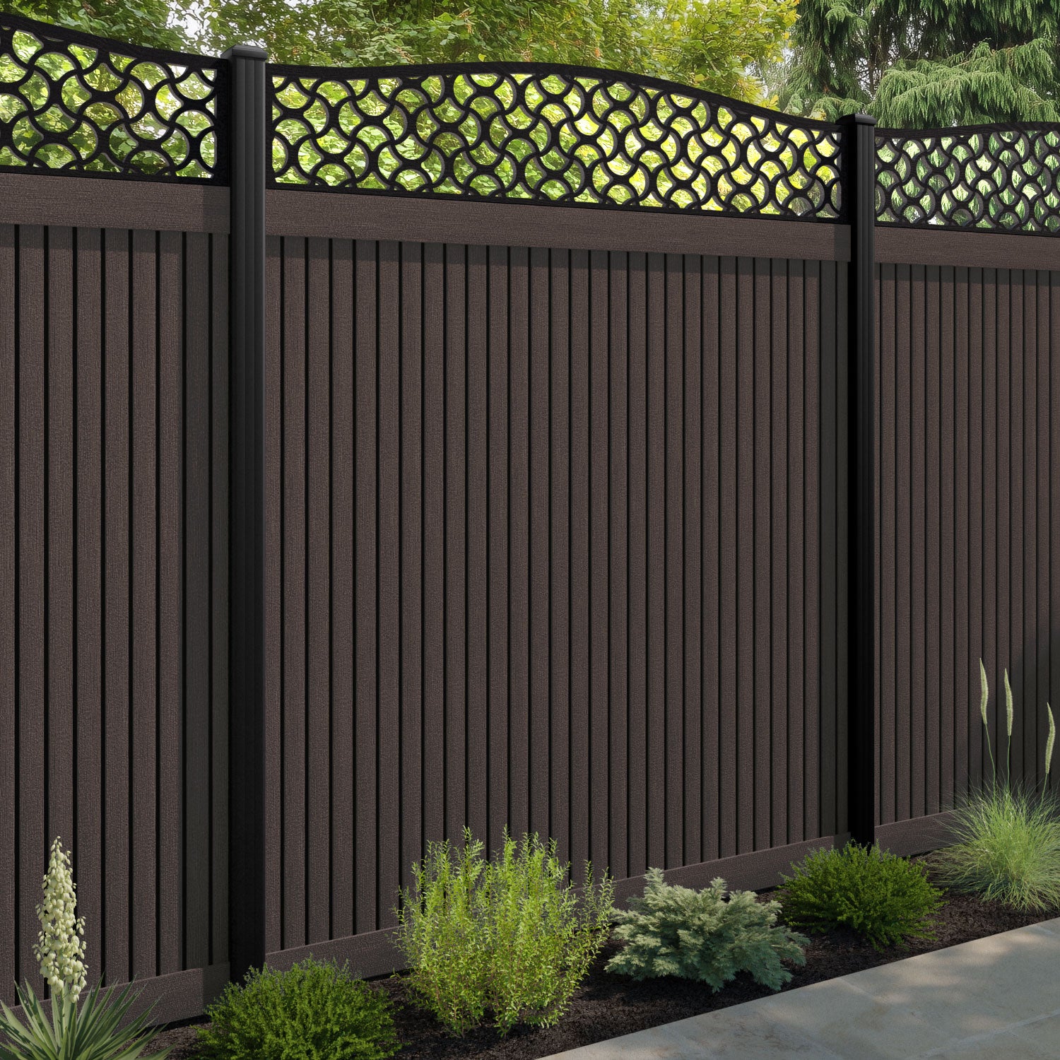 Virtis Vida Curved Top Fence Panel - Mid Brown - with our composite posts