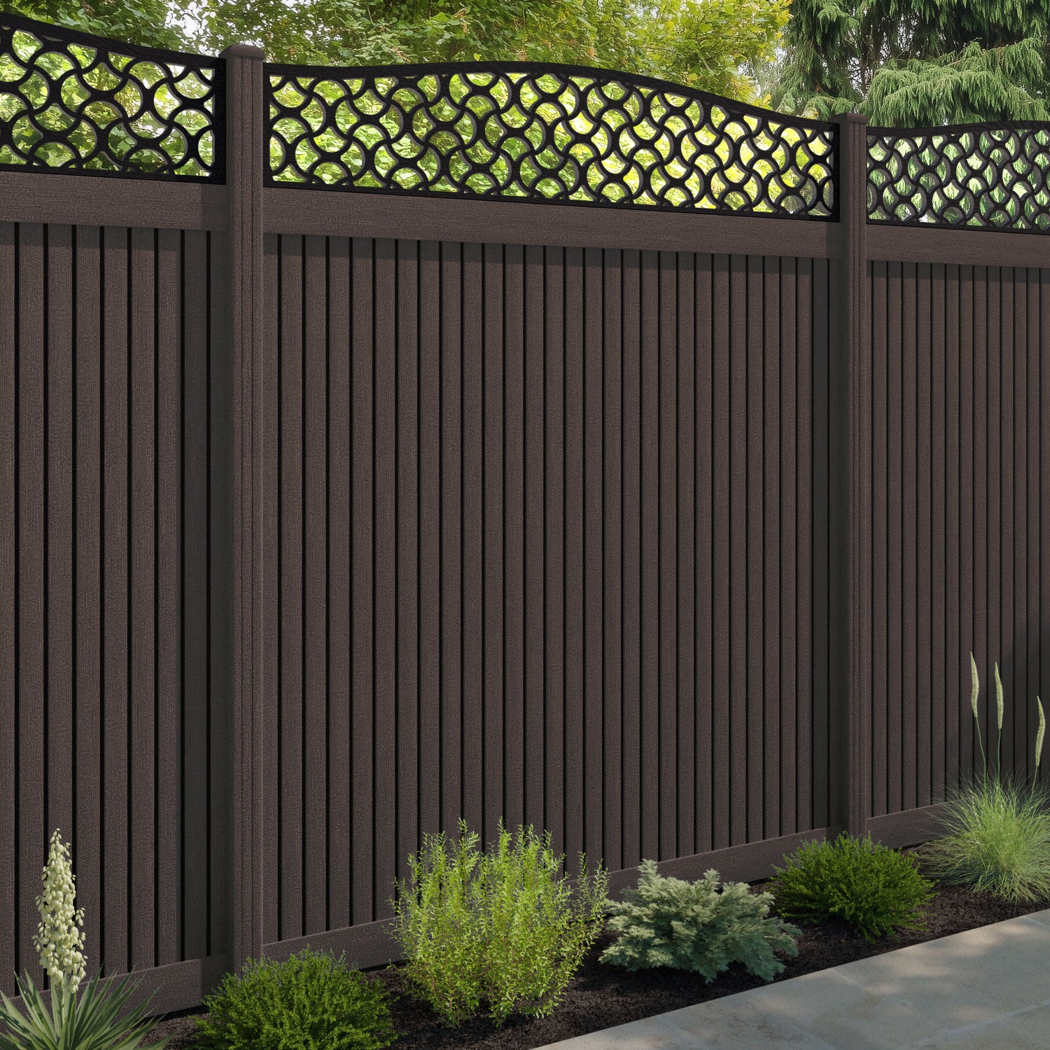Virtis Vida Curved Top Fence Panel - Mid Brown - with our composite posts