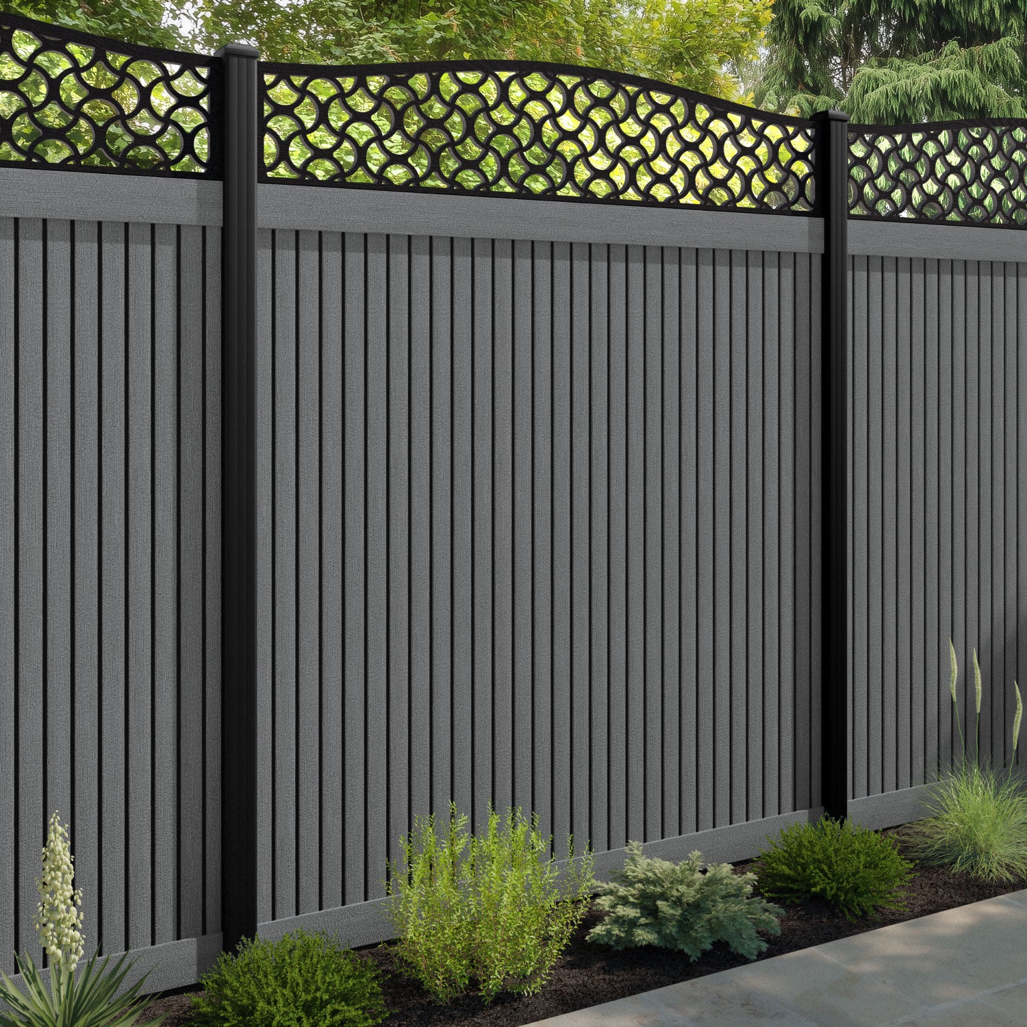 Virtis Vida Curved Top Fence Panel - Mid Grey - with our aluminium posts