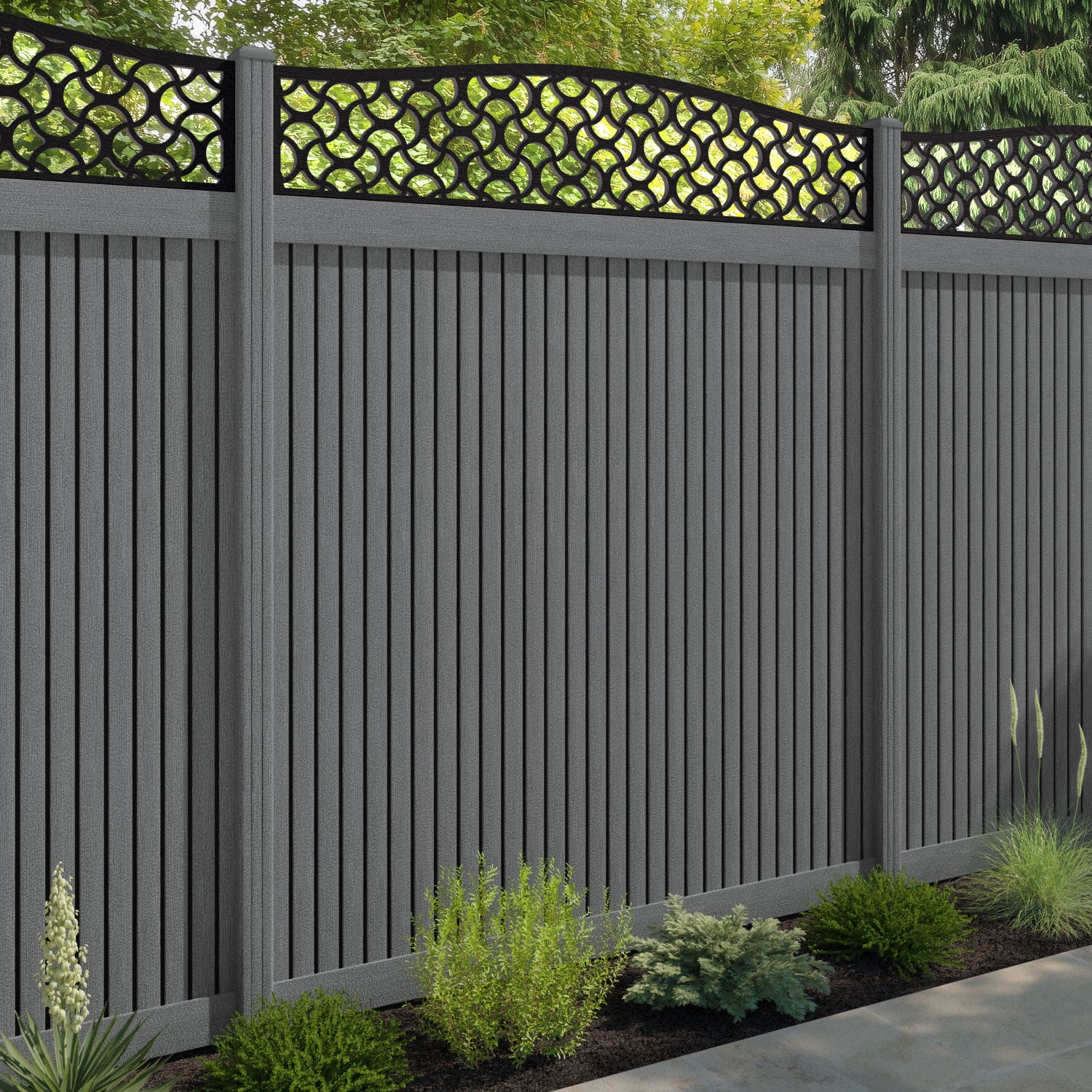 Virtis Vida Curved Top Fence Panel - Mid Grey - with our composite posts