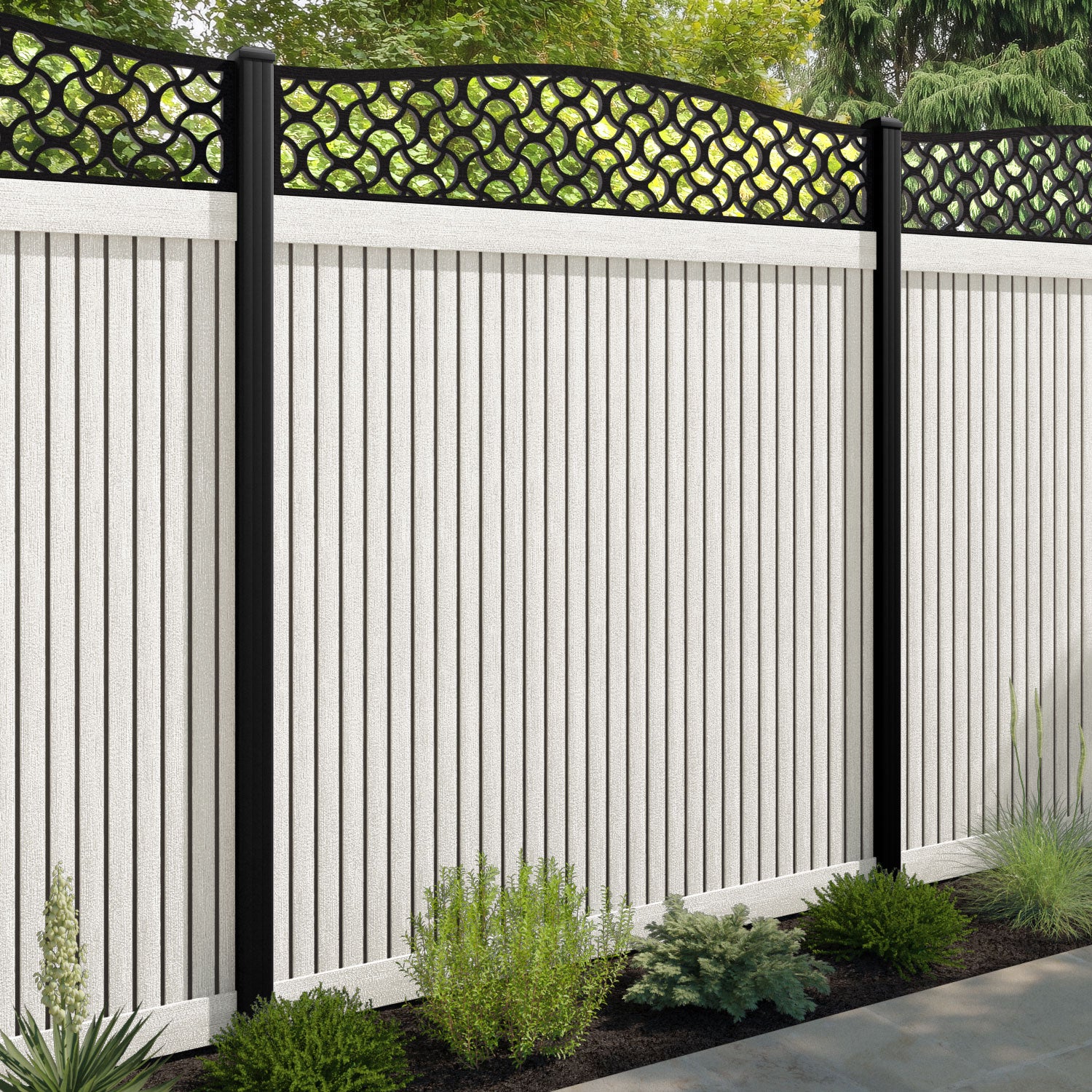 Virtis Vida Curved Top Fence Panel - Light Stone - with our aluminium posts