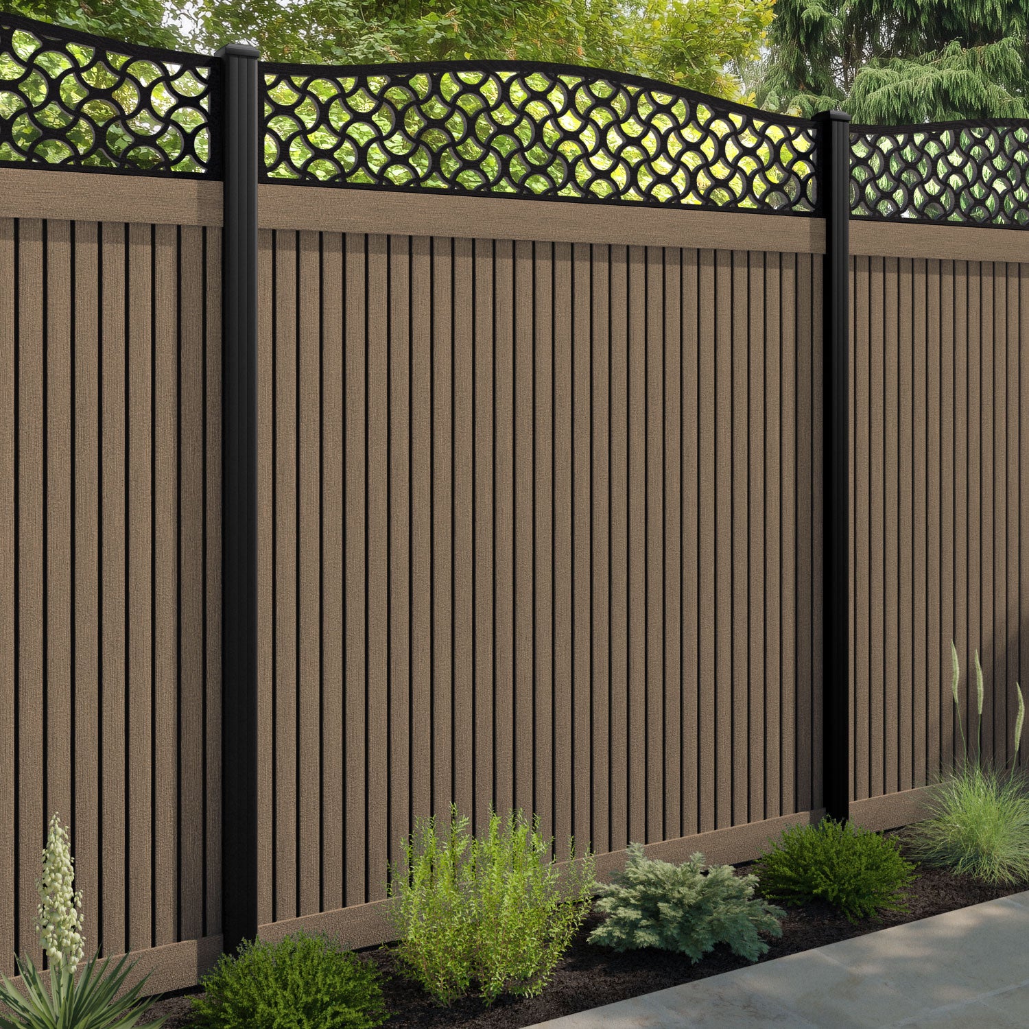 Virtis Vida Curved Top Fence Panel - Teak - with our aluminium posts