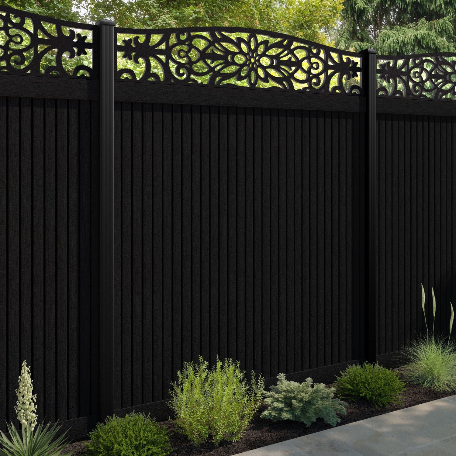 Virtis Windsor Curved Top Fence Panel - Black - with our aluminium posts
