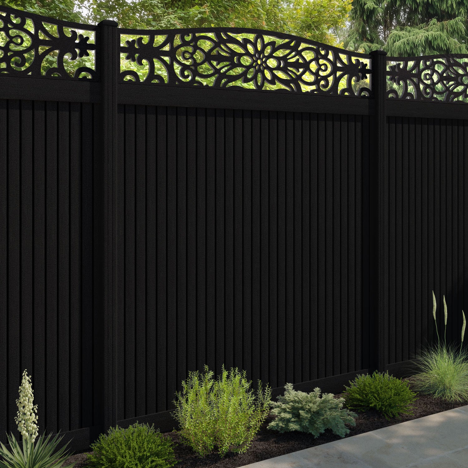 Virtis Windsor Curved Top Fence Panel - Black - with our composite posts