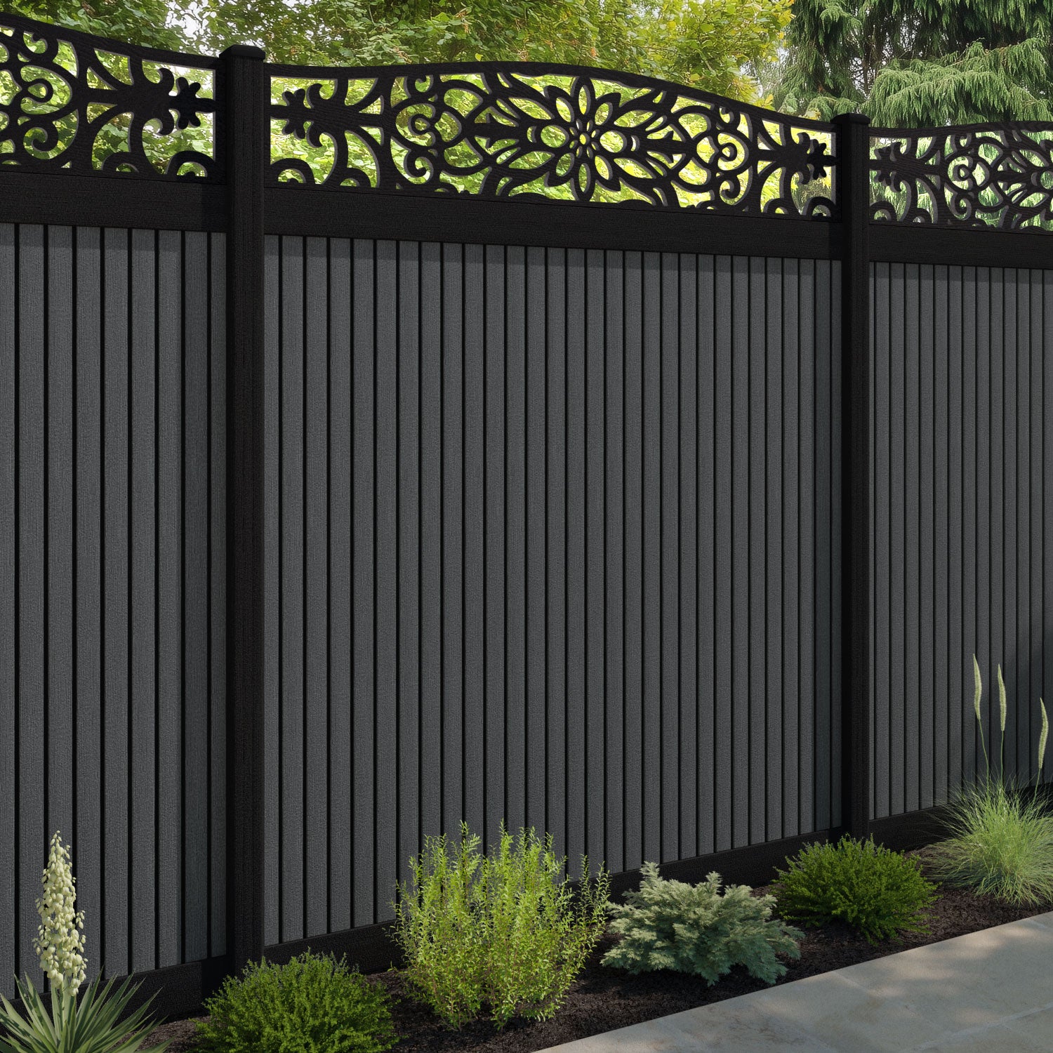 Virtis Windsor Curved Top Fence Panel - Dark Grey - with our composite posts