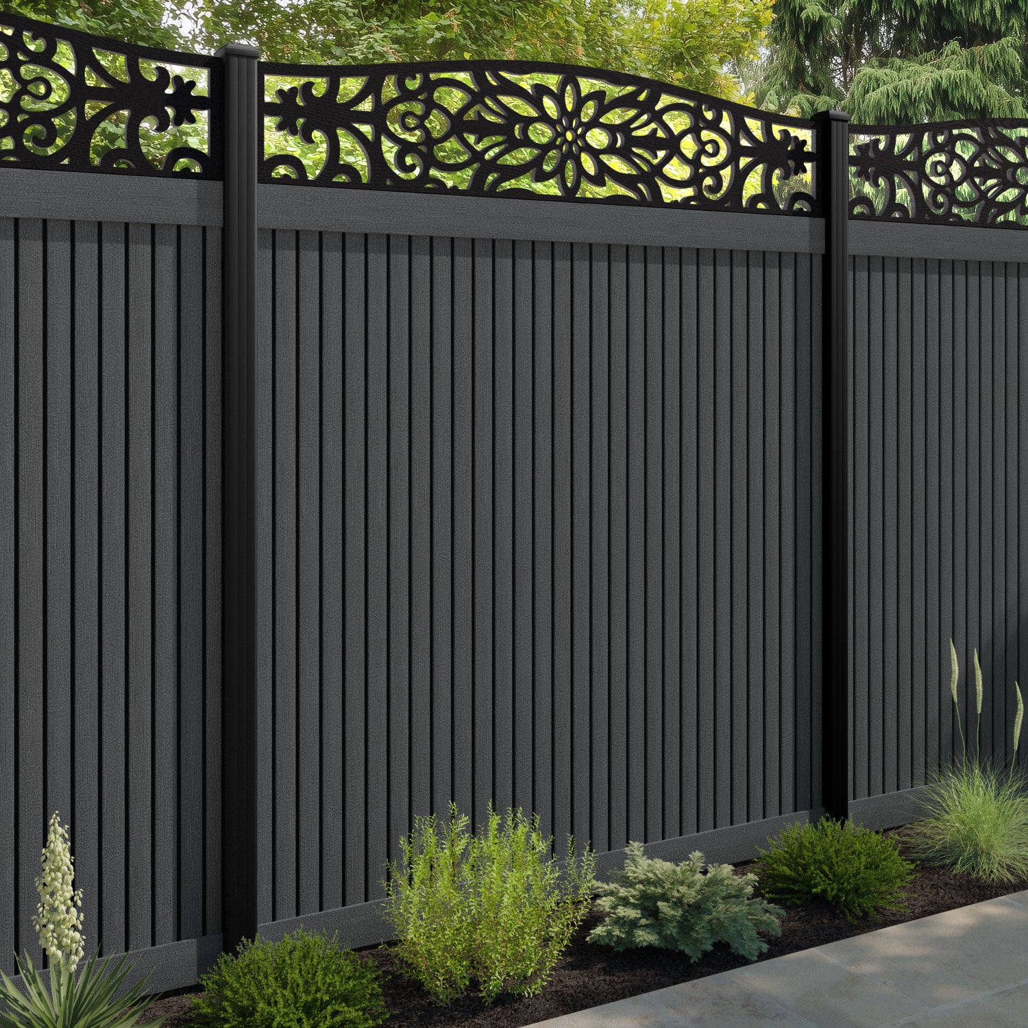 Virtis Windsor Curved Top Fence Panel - Dark Grey - with our composite posts
