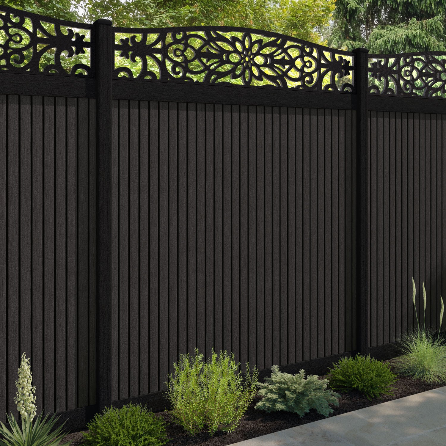 Virtis Windsor Curved Top Fence Panel - Dark Oak - with our aluminium posts