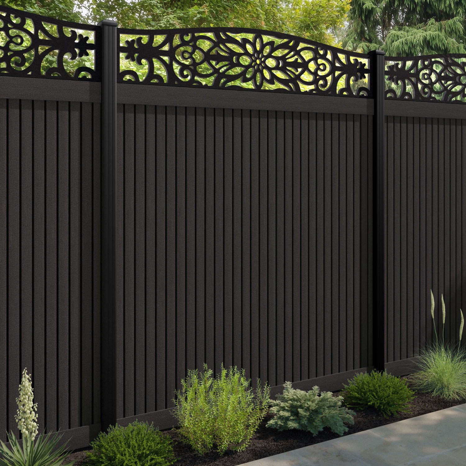Virtis Windsor Curved Top Fence Panel - Dark Oak - with our composite posts
