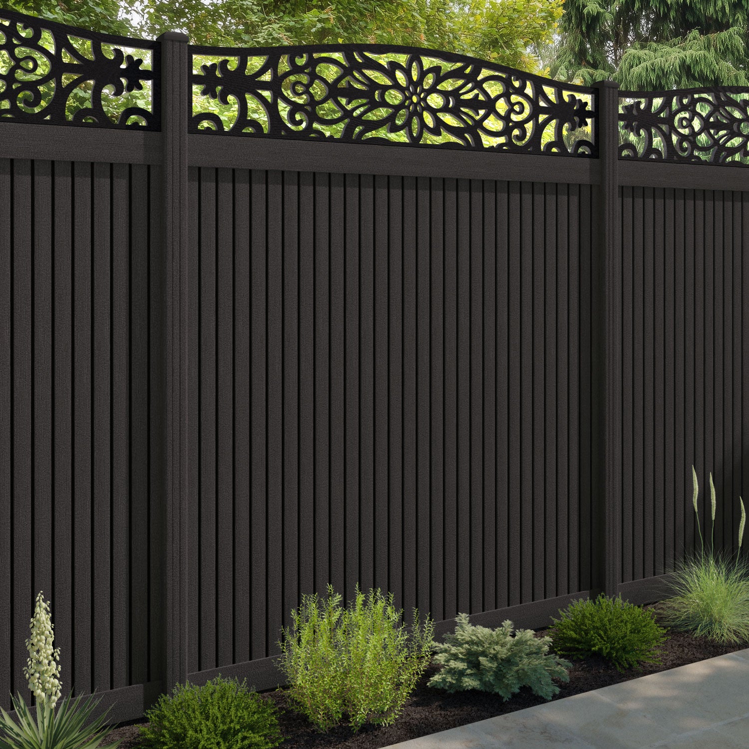 Virtis Windsor Curved Top Fence Panel - Dark Oak - with our composite posts