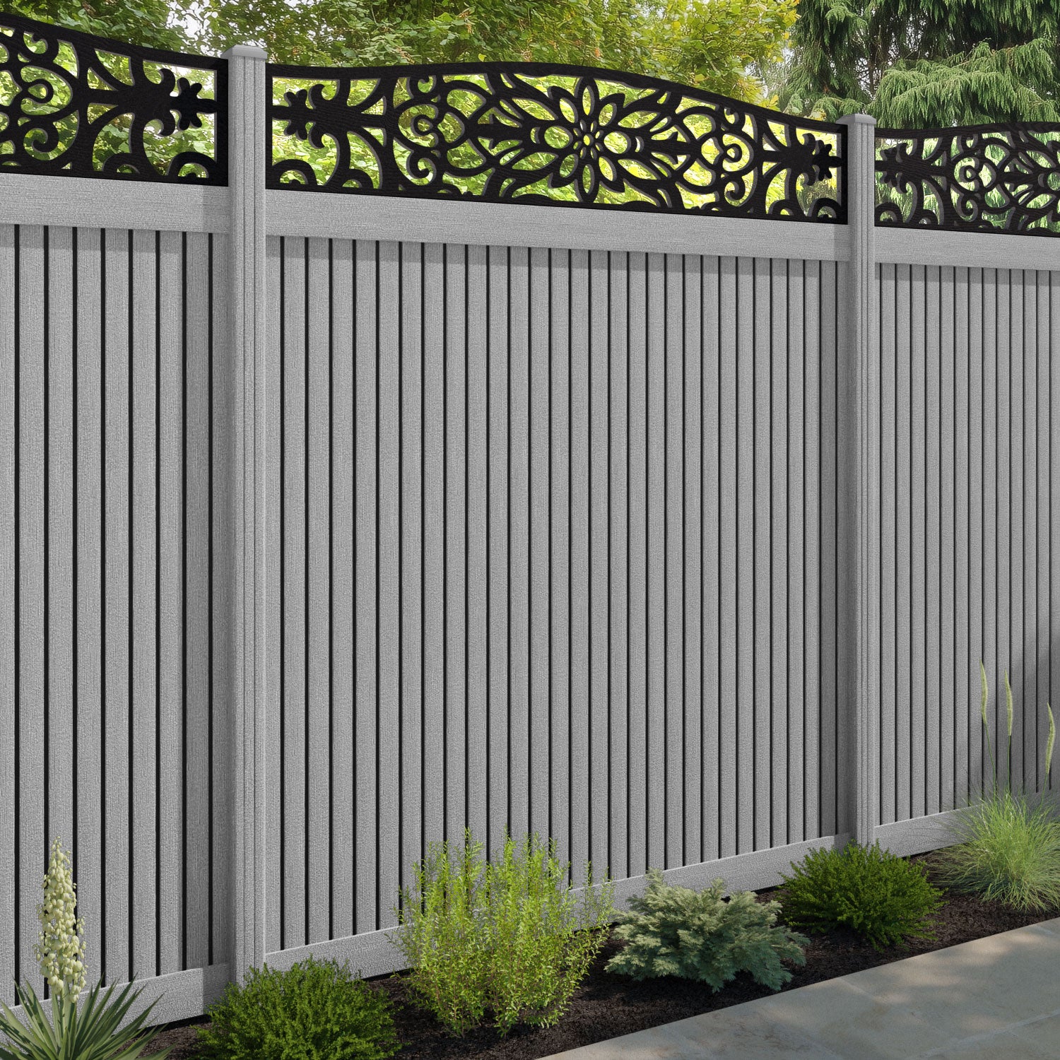 Virtis Windsor Curved Top Fence Panel - Light Grey - with our composite posts