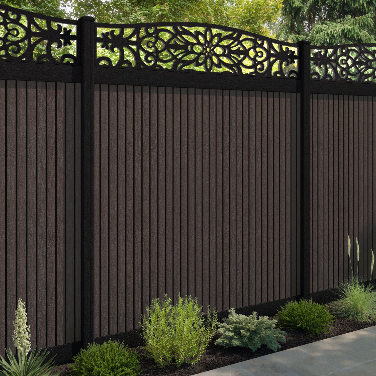 Virtis Windsor Curved Top Fence Panel - Mid Brown - with our aluminium posts