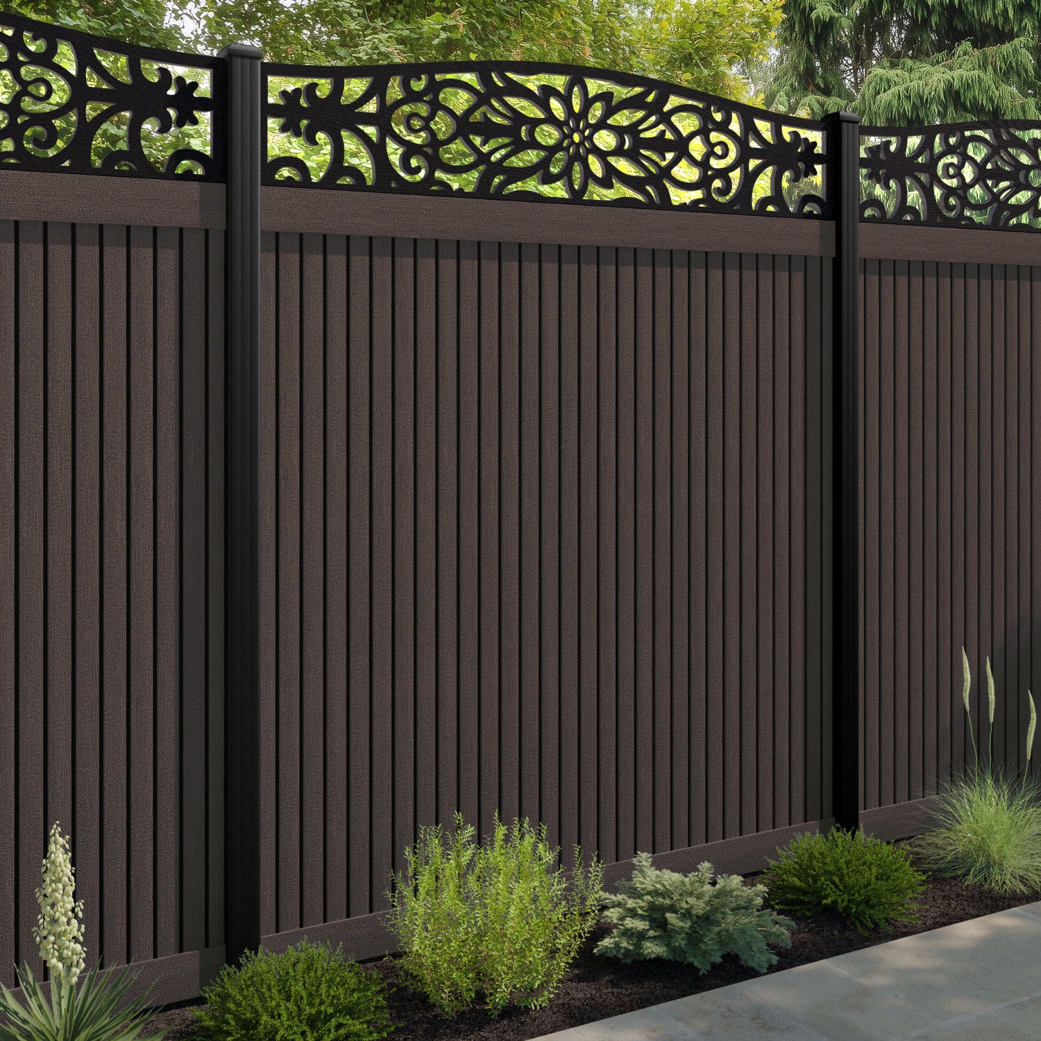 Virtis Windsor Curved Top Fence Panel - Mid Brown - with our aluminium posts