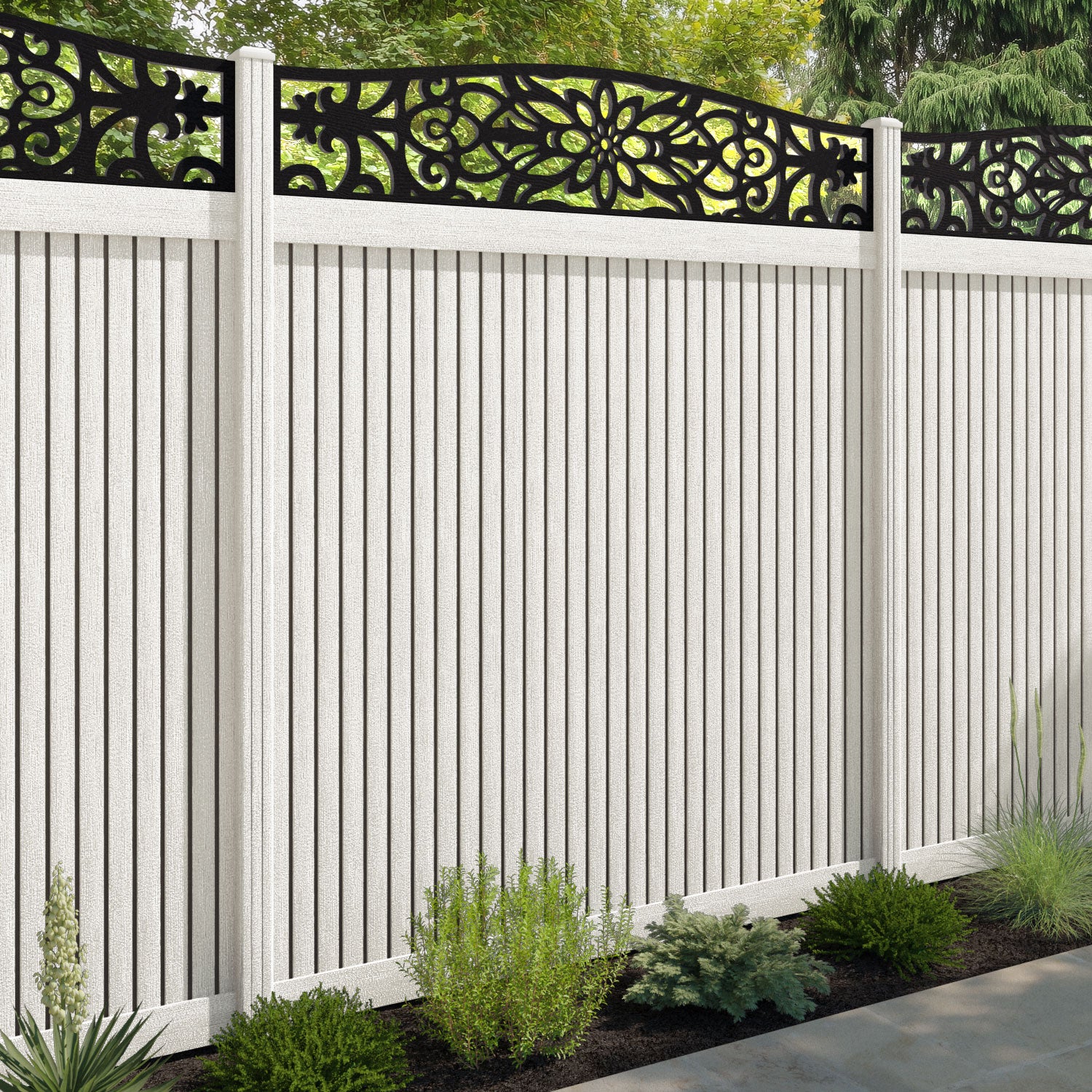 Virtis Windsor Curved Top Fence Panel - Light Stone - with our composite posts
