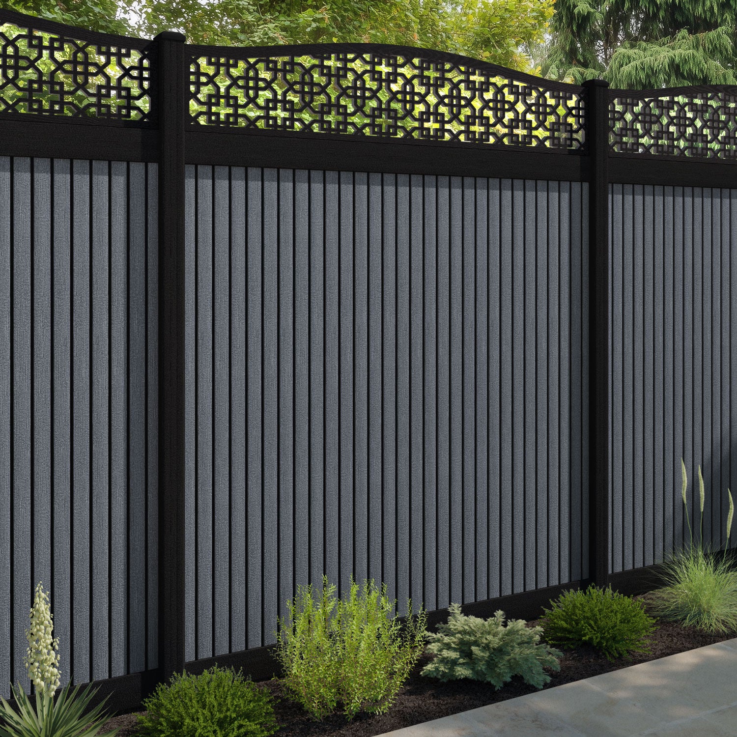 Virtis Zaria Curved Top Fence Panel - Anthracite - with our aluminium posts
