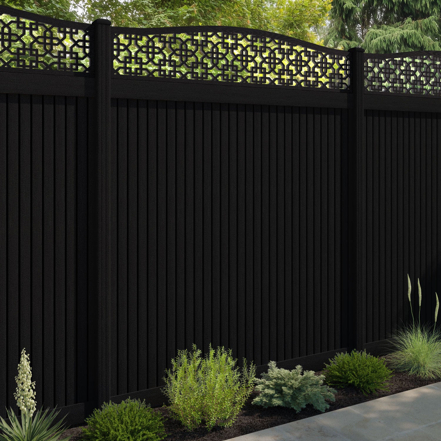 Virtis Zaria Curved Top Fence Panel - Black - with our composite posts