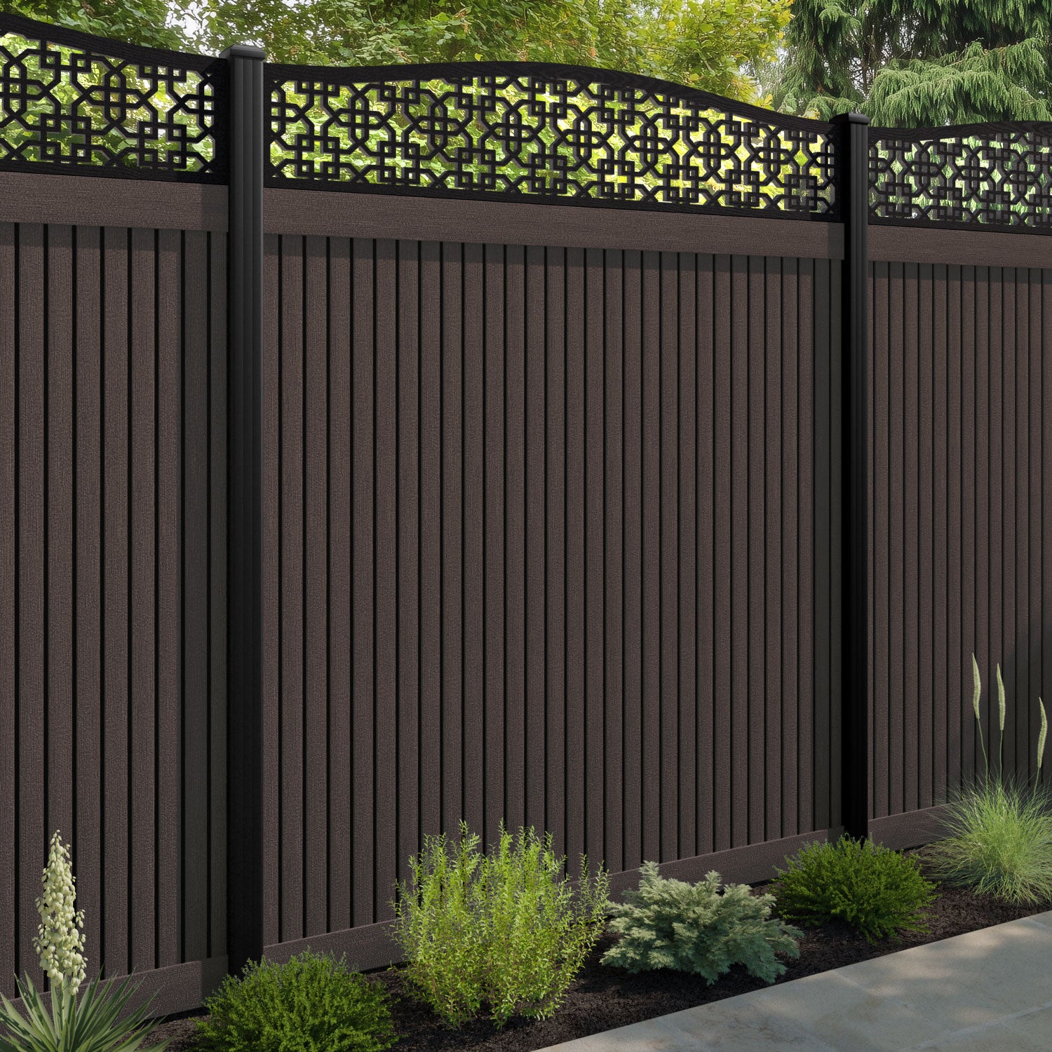 Virtis Zaria Curved Top Fence Panel - Mid Brown - with our composite posts