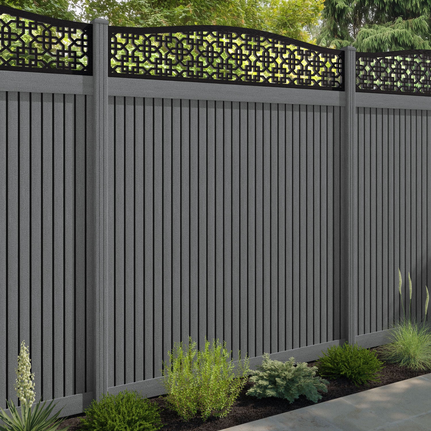 Virtis Zaria Curved Top Fence Panel - Mid Grey - with our composite posts