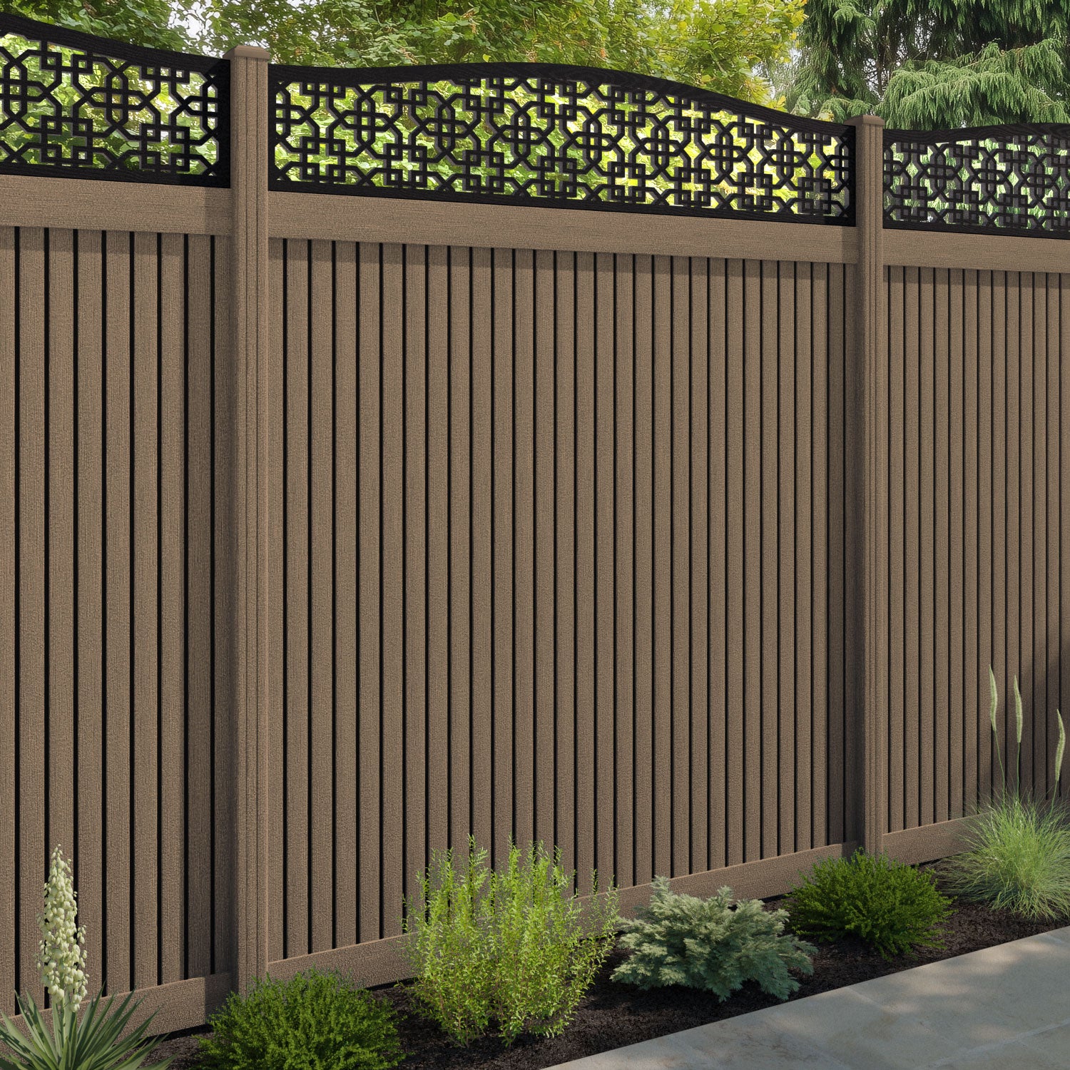 Virtis Zaria Curved Top Fence Panel - Teak - with our composite posts