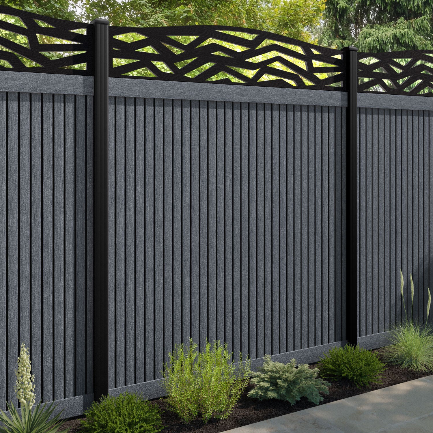 Virtis Zenith Curved Top Fence Panel - Anthracite - with our aluminium posts
