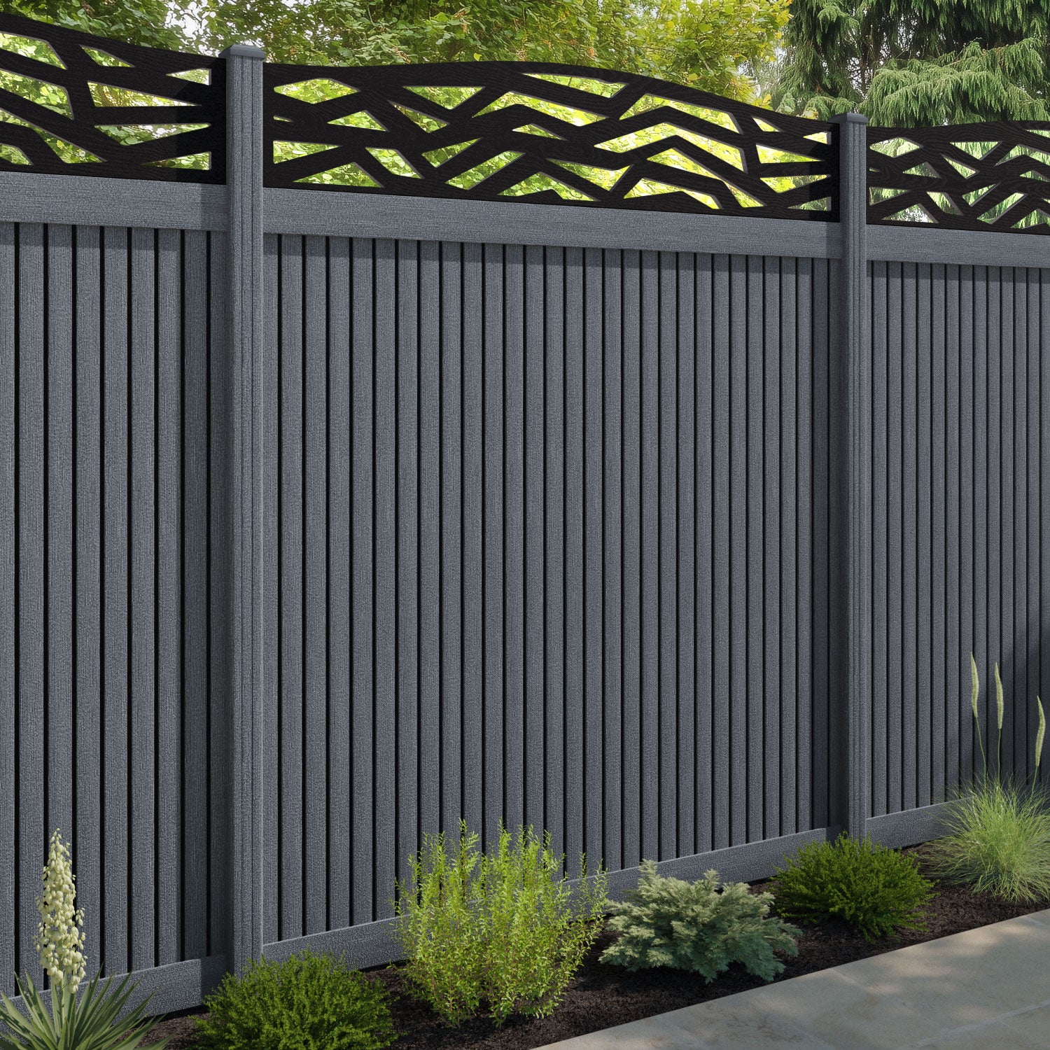 Virtis Zenith Curved Top Fence Panel - Anthracite - with our composite posts