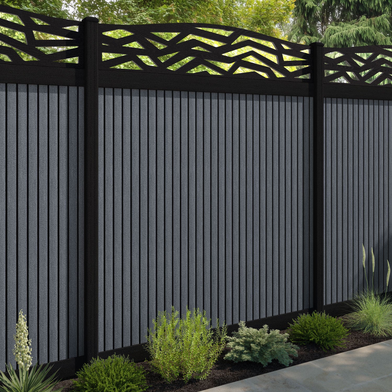 Virtis Zenith Curved Top Fence Panel - Anthracite - with our composite posts