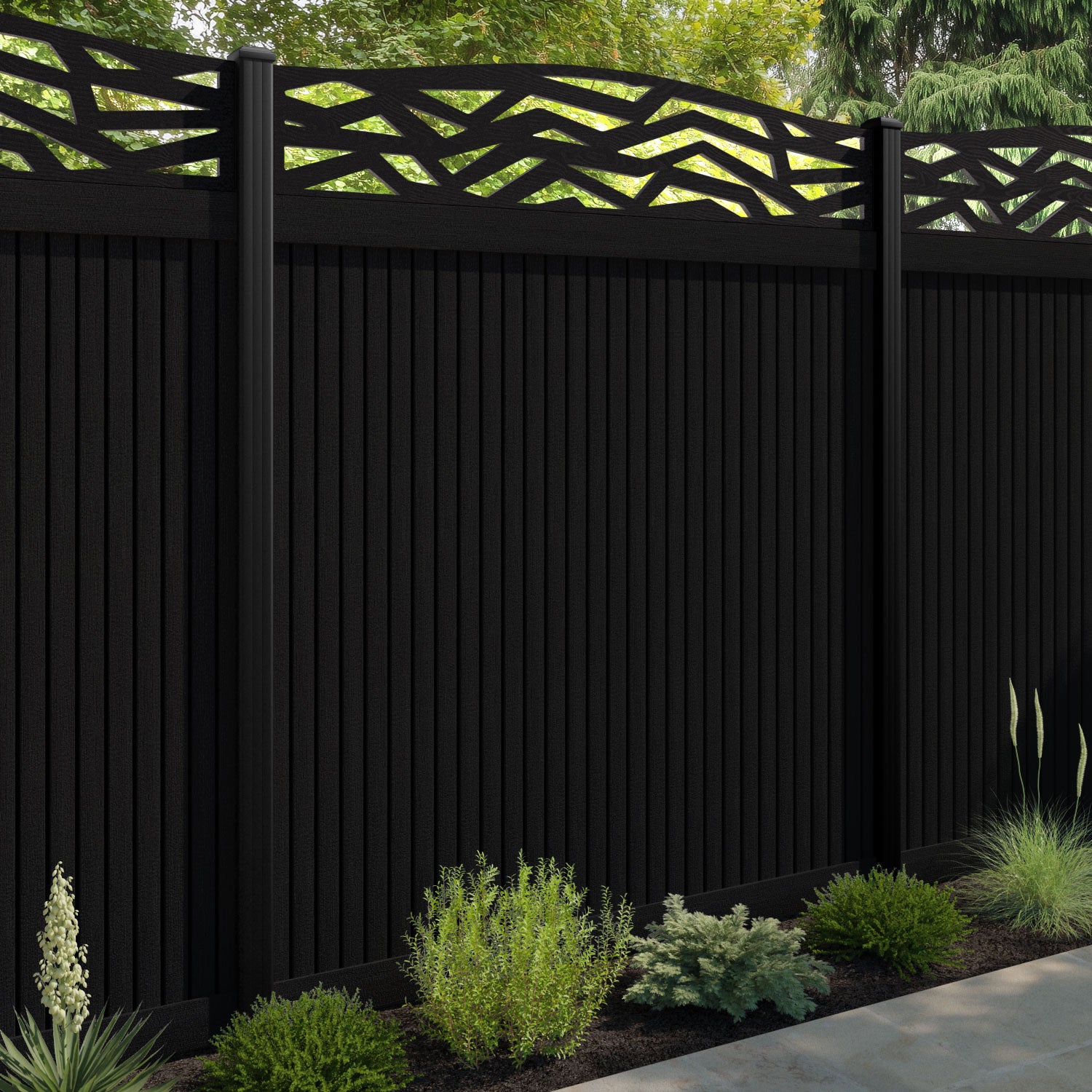 Virtis Zenith Curved Top Fence Panel - Black - with our aluminium posts