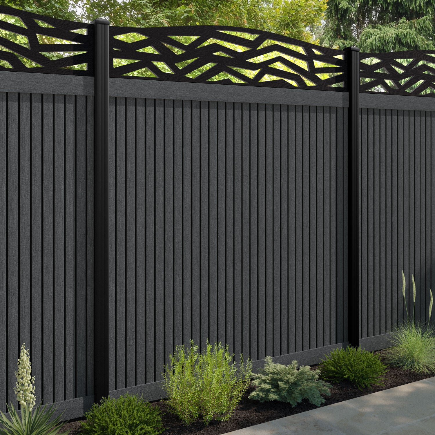 Virtis Zenith Curved Top Fence Panel - Dark Grey - with our aluminium posts