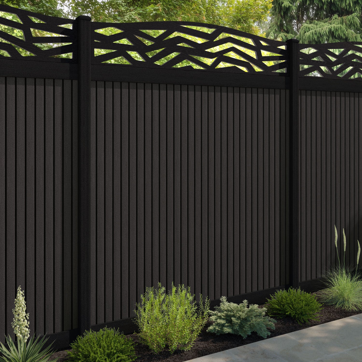 Virtis Zenith Curved Top Fence Panel - Dark Oak - with our aluminium posts