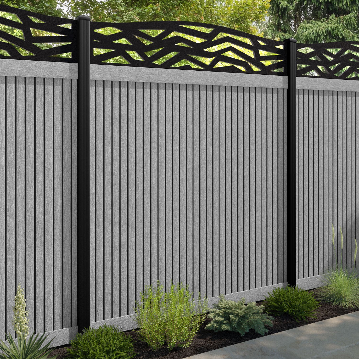 Virtis Zenith Curved Top Fence Panel - Light Grey - with our composite posts