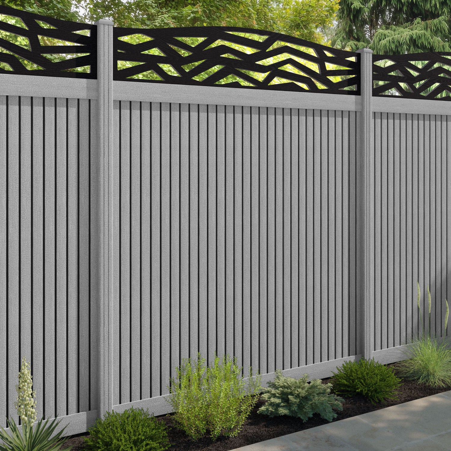 Virtis Zenith Curved Top Fence Panel - Light Grey - with our composite posts